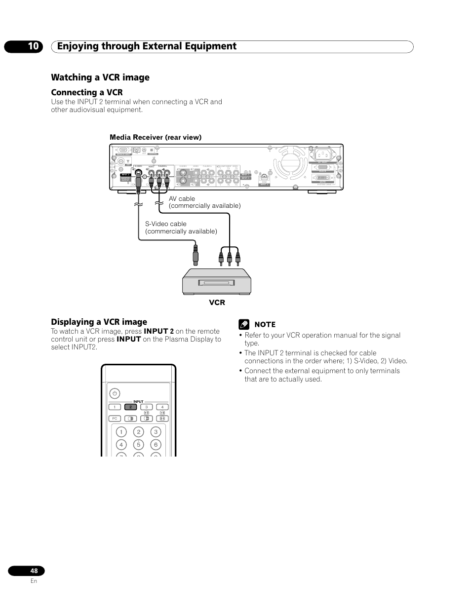 Watching a vcr image, Connecting a vcr displaying a vcr image, 10 enjoying through external equipment | Connecting a vcr, Displaying a vcr image | Pioneer PDP-435HDG User Manual | Page 48 / 265