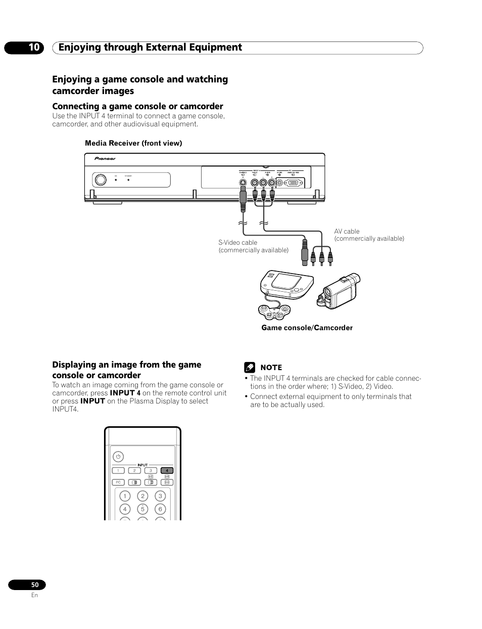 10 enjoying through external equipment, Connecting a game console or camcorder | Pioneer PDP-435HDG User Manual | Page 50 / 265