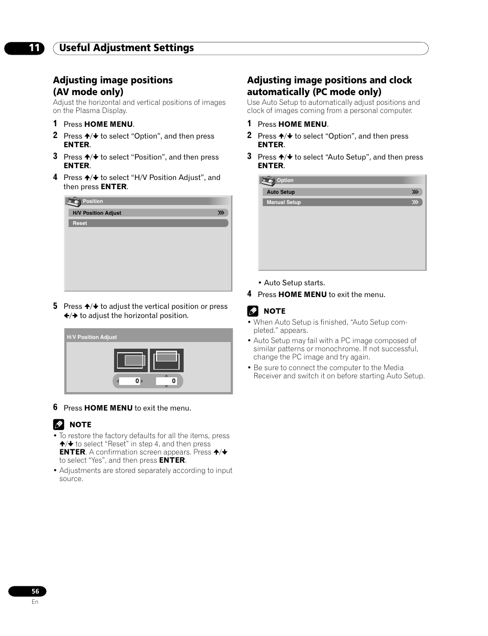 11 useful adjustments settings, 11 useful adjustment settings, Adjusting image positions (av mode only) | Pioneer PDP-435HDG User Manual | Page 56 / 265