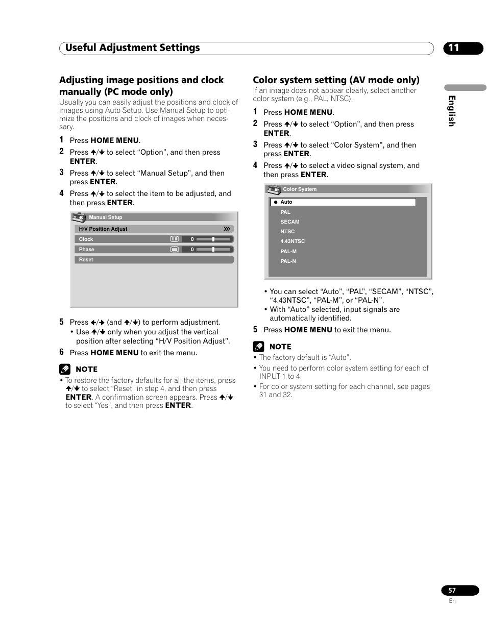 11 useful adjustment settings, Color system setting (av mode only) | Pioneer PDP-435HDG User Manual | Page 57 / 265