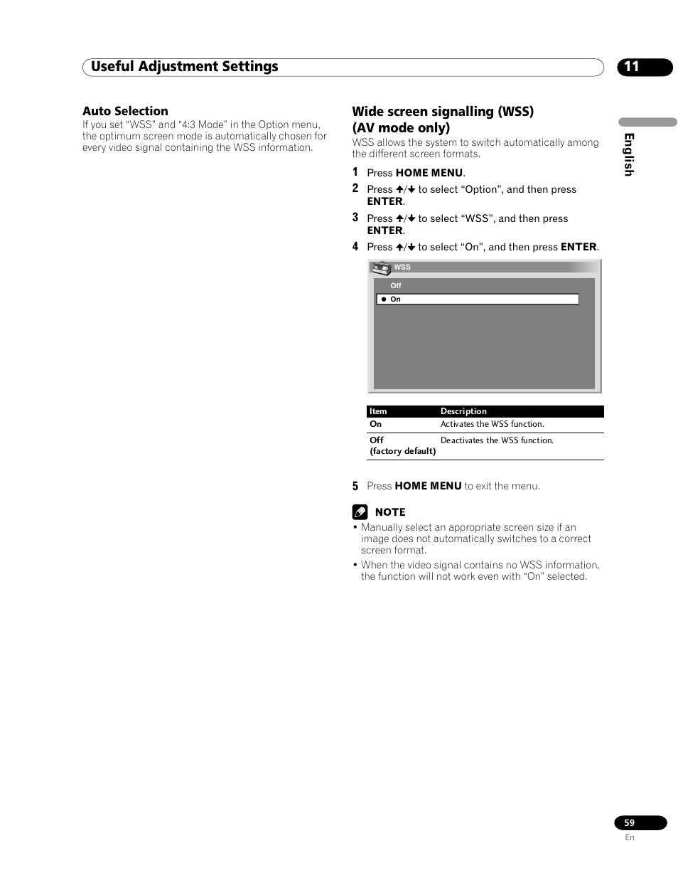 Auto selection, Wide screen signalling (wss) (av mode only), 11 useful adjustment settings | Pioneer PDP-435HDG User Manual | Page 59 / 265