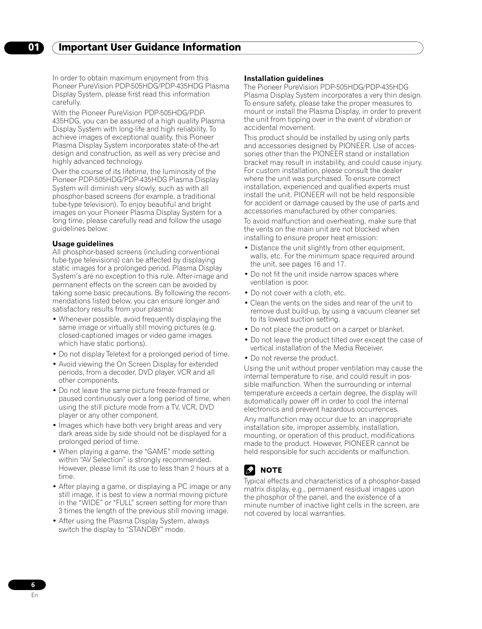 01 important user guidance information | Pioneer PDP-435HDG User Manual | Page 6 / 265