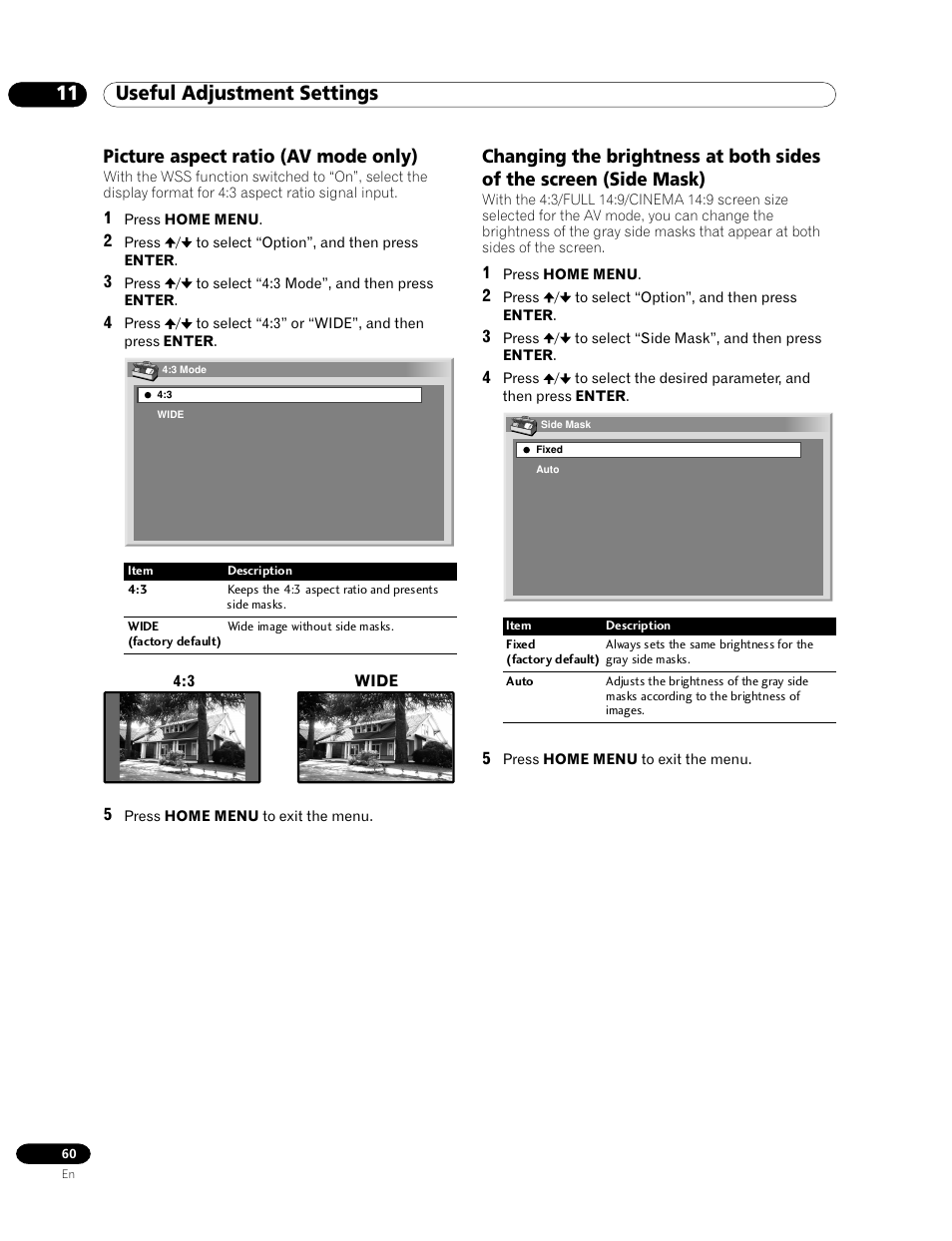 11 useful adjustment settings, Picture aspect ratio (av mode only) | Pioneer PDP-435HDG User Manual | Page 60 / 265