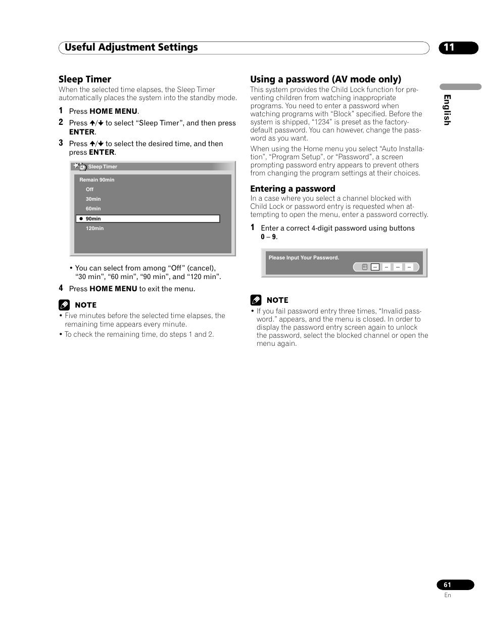 Sleep timer using a password (av mode only), Entering a password, 11 useful adjustment settings | Sleep timer, Using a password (av mode only) | Pioneer PDP-435HDG User Manual | Page 61 / 265