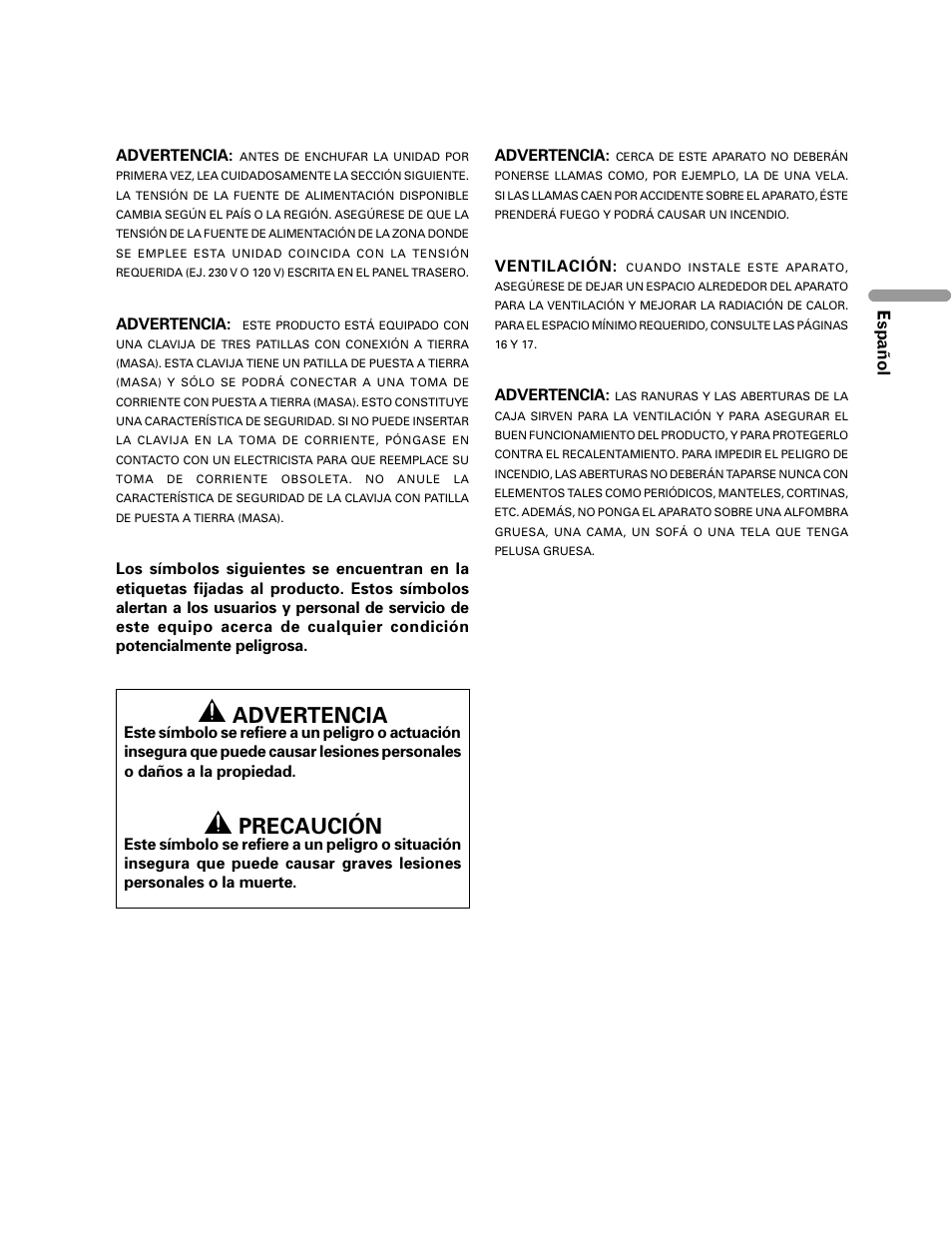 Precaución, Español, Advertencia | Ventilación | Pioneer PDP-435HDG User Manual | Page 69 / 265