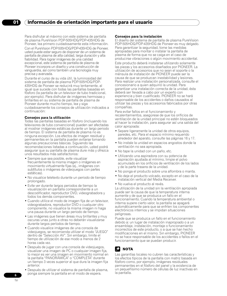01 información de orientación importante para, El usuario | Pioneer PDP-435HDG User Manual | Page 72 / 265