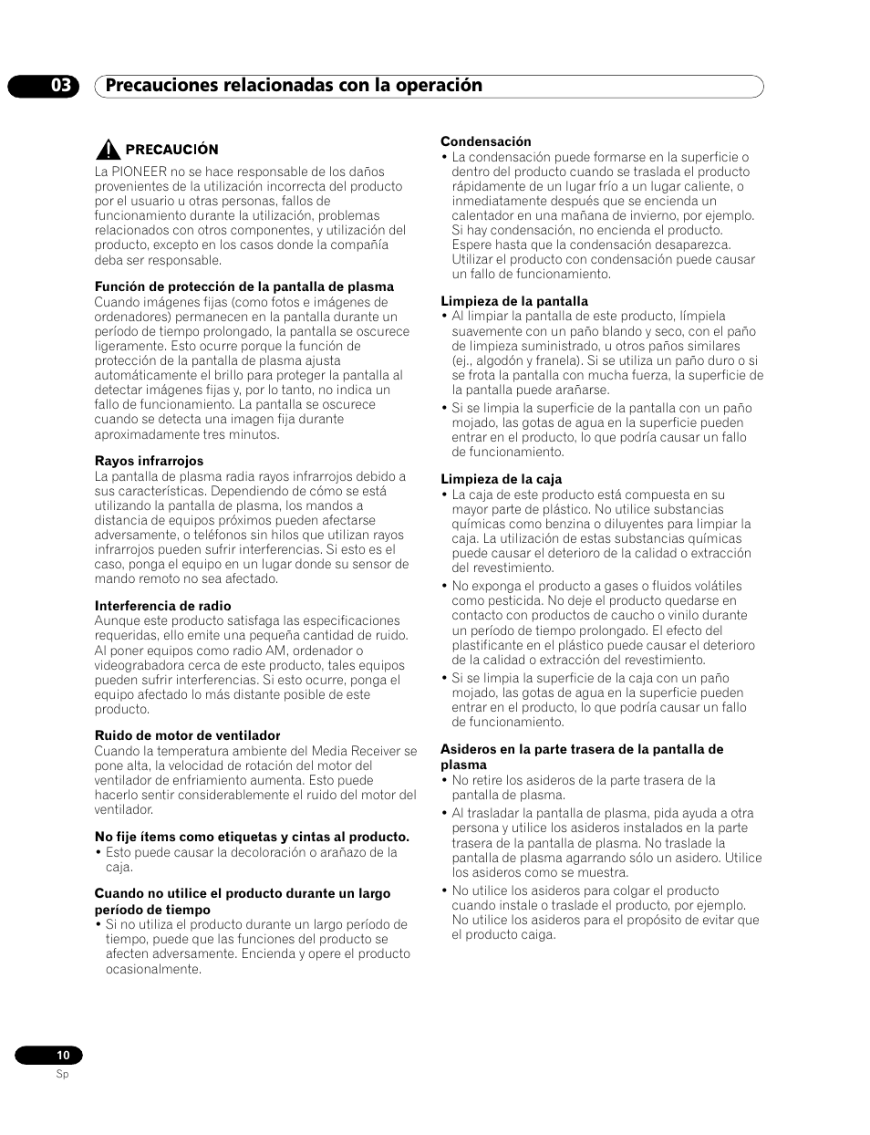 03 precauciones relacionadas con la operación | Pioneer PDP-435HDG User Manual | Page 76 / 265