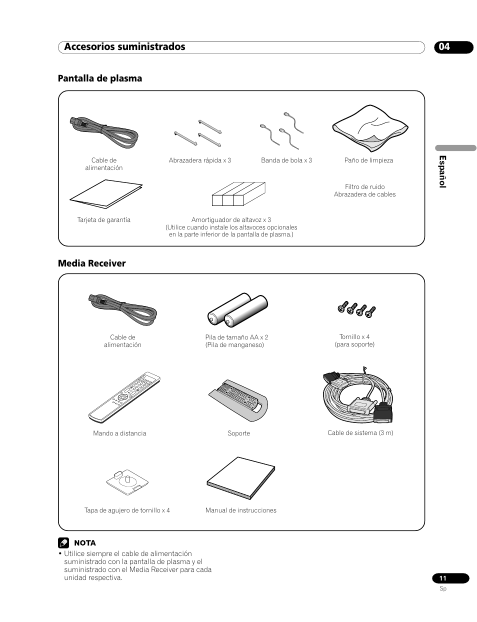 04 accesorios suministrados, Pantalla de plasma media receiver | Pioneer PDP-435HDG User Manual | Page 77 / 265