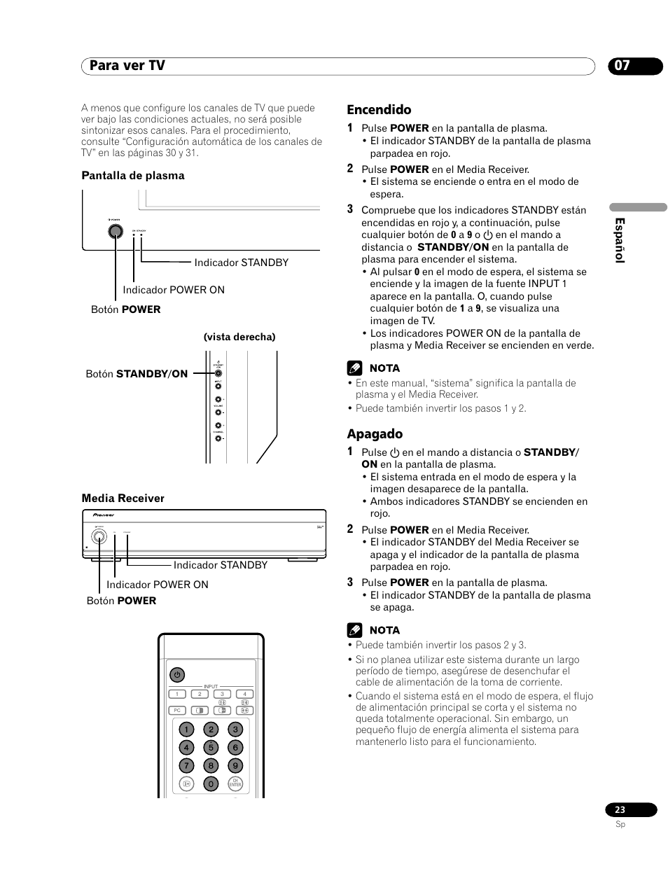 07 para ver tv, Encendido apagado, Encendido | Apagado | Pioneer PDP-435HDG User Manual | Page 89 / 265