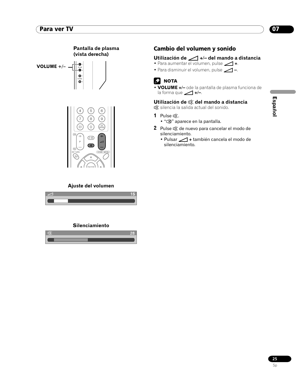 Cambio del volumen y sonido, 07 para ver tv | Pioneer PDP-435HDG User Manual | Page 91 / 265