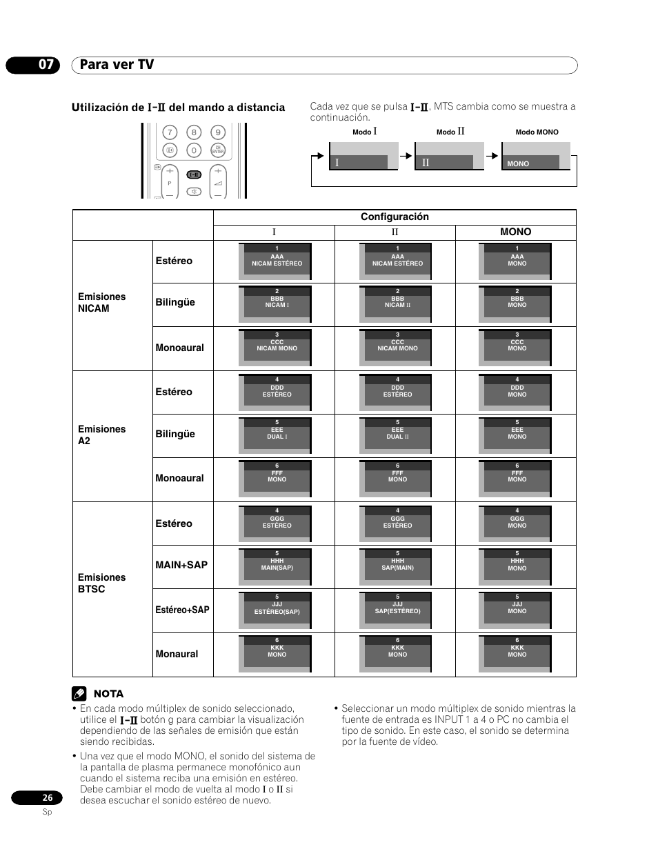 07 para ver tv, Utilización de, Del mando a distancia | Mts cambia como se muestra a continuación, Emisiones btsc, Estéreo main+sap estéreo+sap | Pioneer PDP-435HDG User Manual | Page 92 / 265