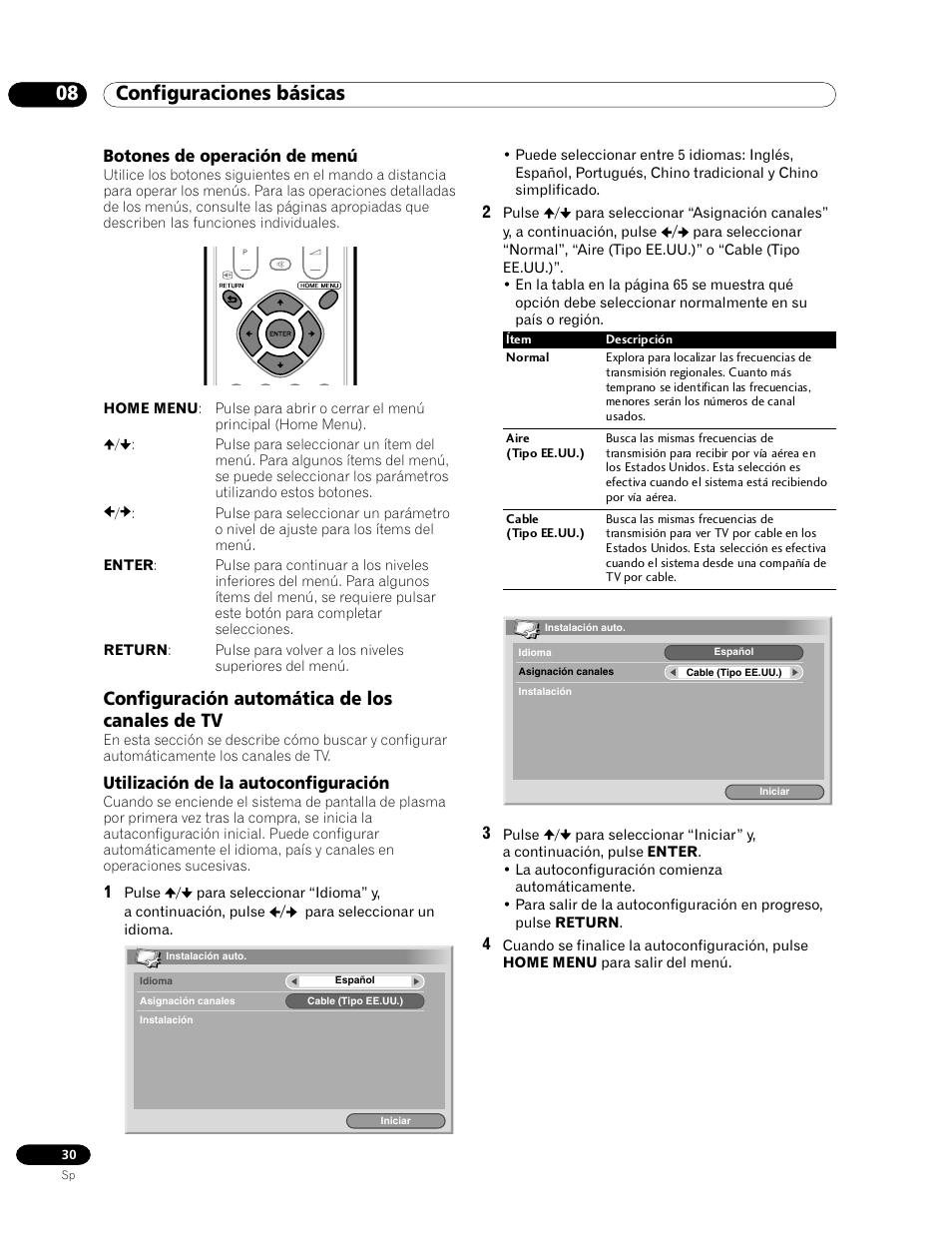 Botones de operación de menú, Configuración automática de los canales de tv, Utilización de la autoconfiguración | 08 configuraciones básicas | Pioneer PDP-435HDG User Manual | Page 96 / 265