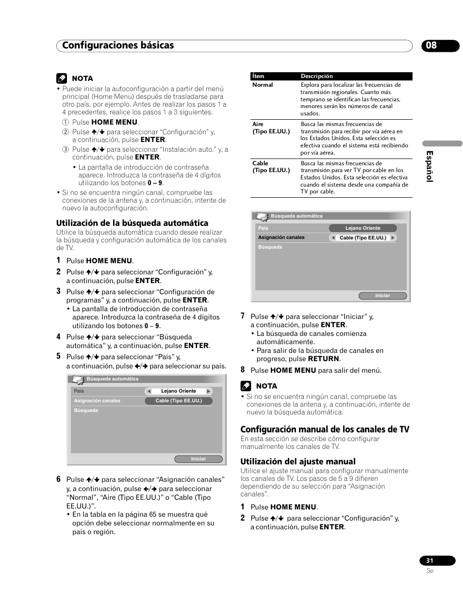 Utilización de la búsqueda automática, Configuración manual de los canales de tv, Utilización del ajuste manual | 08 configuraciones básicas | Pioneer PDP-435HDG User Manual | Page 97 / 265