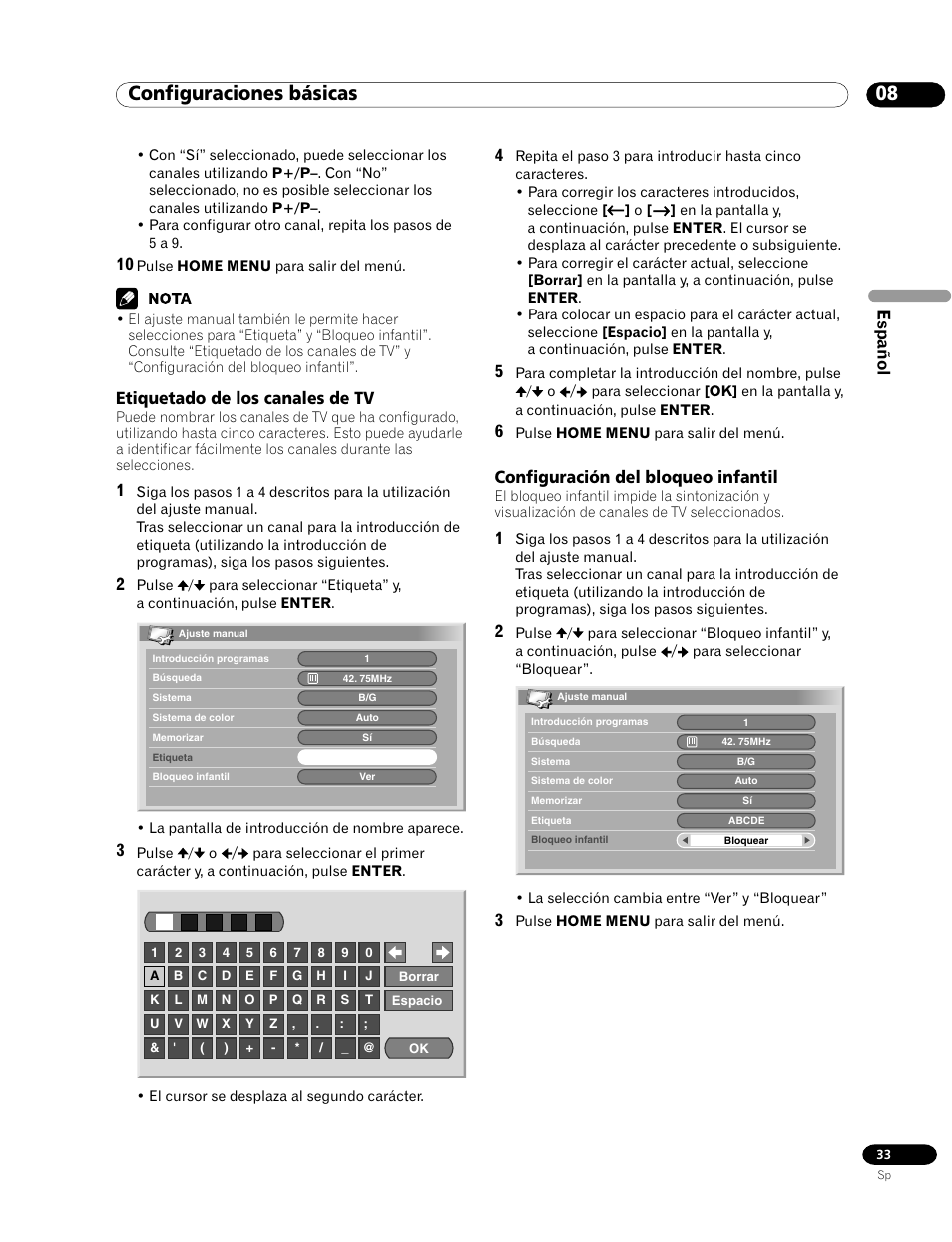 08 configuraciones básicas, Español, Etiquetado de los canales de tv | Configuración del bloqueo infantil | Pioneer PDP-435HDG User Manual | Page 99 / 265