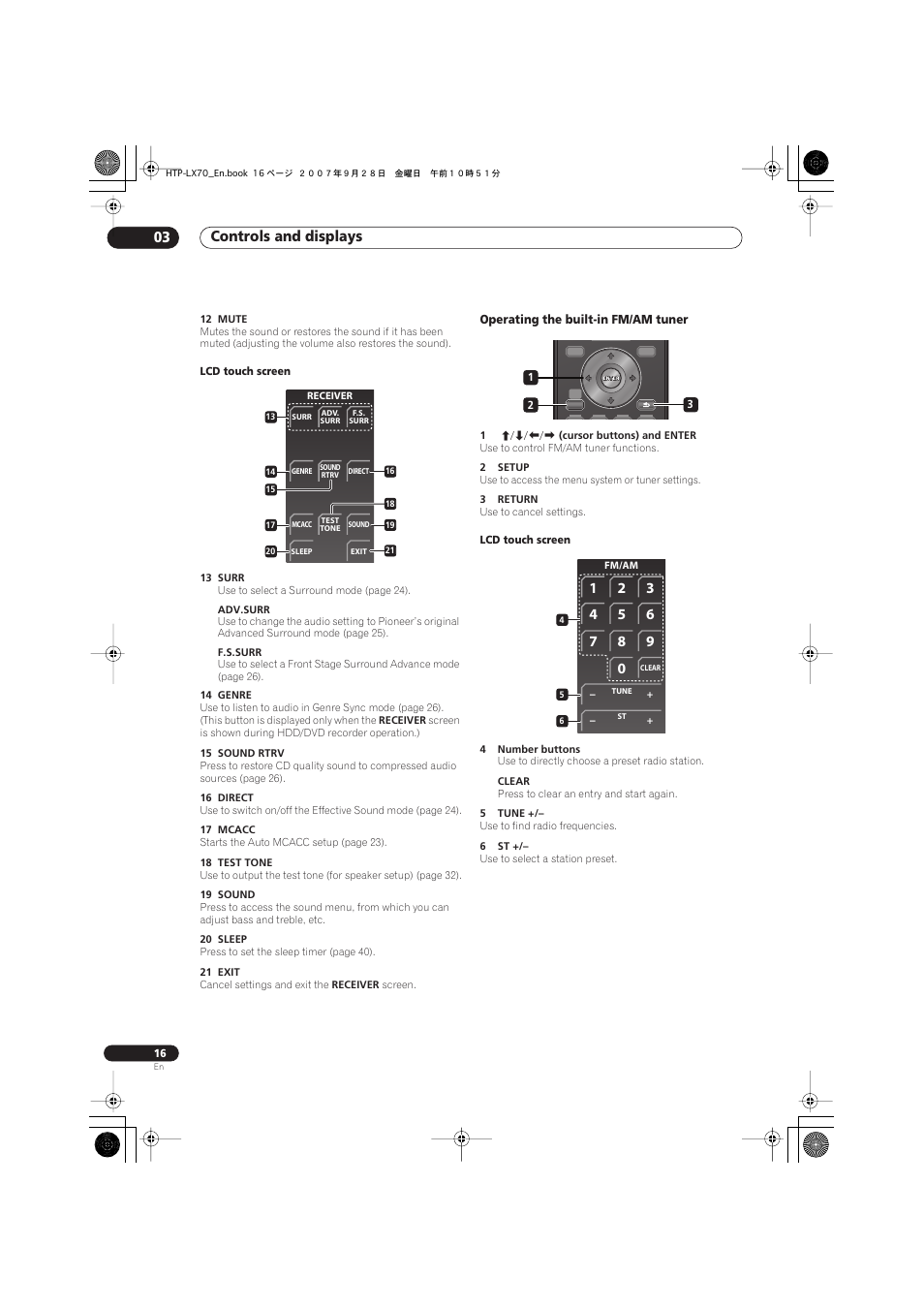 Operating the built-in fm/am tuner, Controls and displays 03 | Pioneer AS-LX70 User Manual | Page 16 / 94