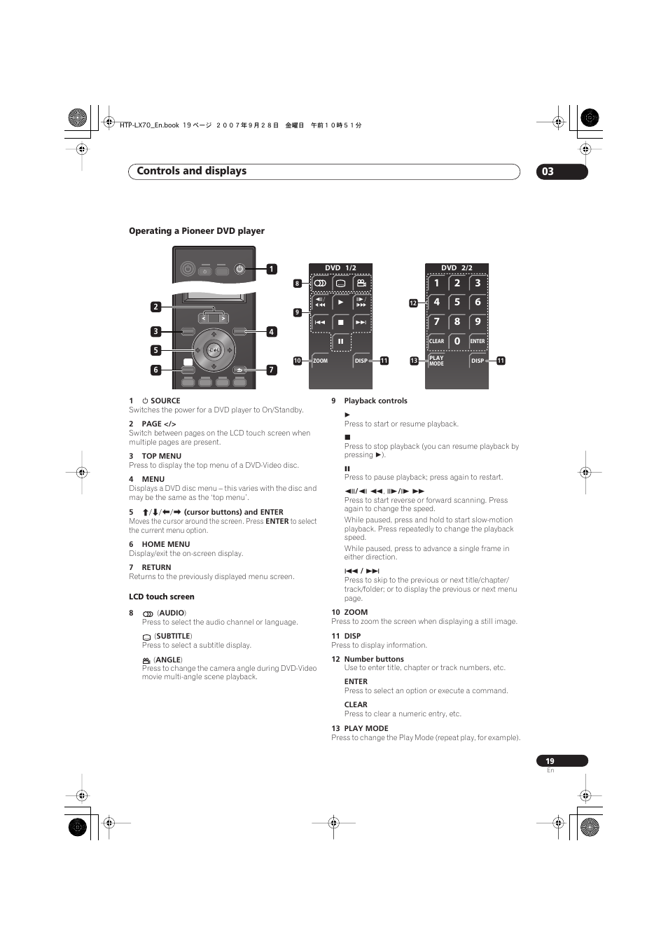 Operating a pioneer dvd player, Controls and displays 03 | Pioneer AS-LX70 User Manual | Page 19 / 94