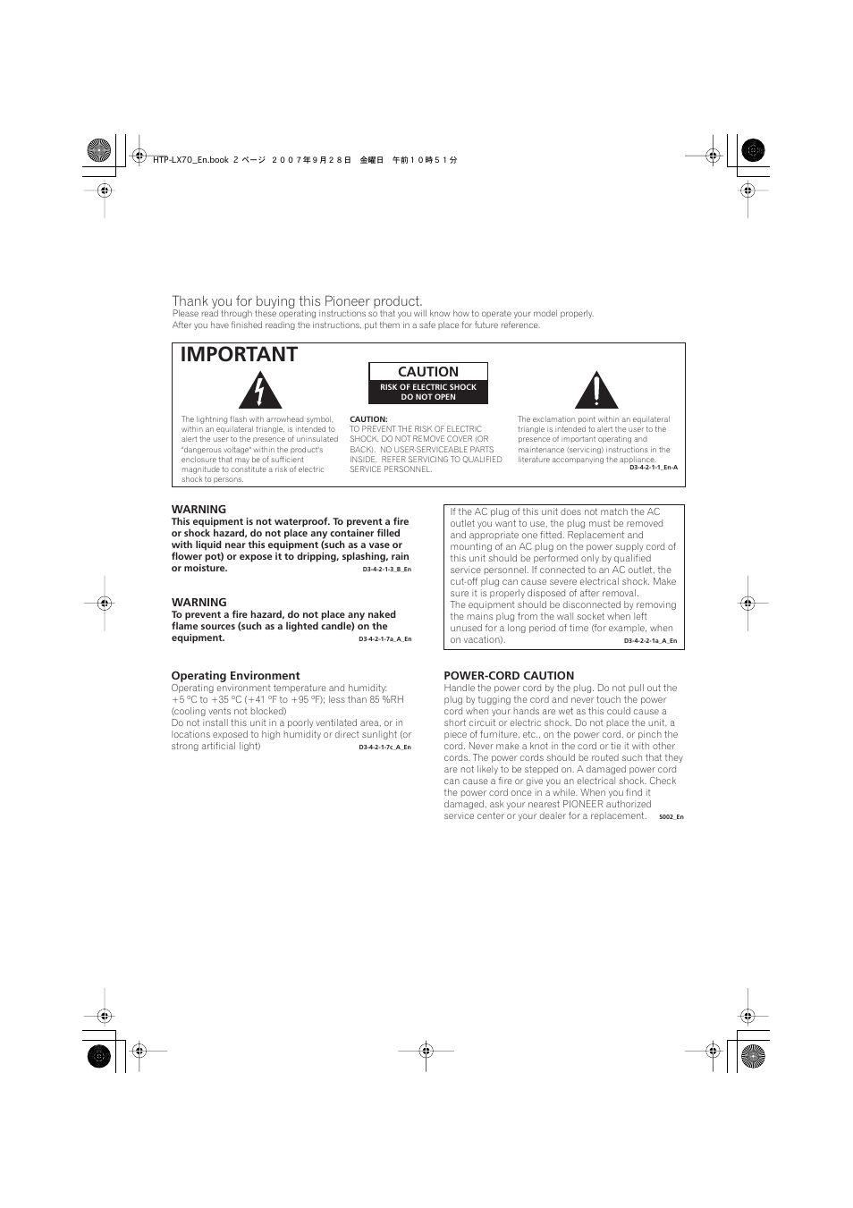 Important, Caution | Pioneer AS-LX70 User Manual | Page 2 / 94