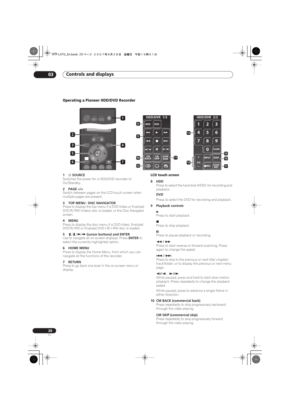 Operating a pioneer hdd/dvd recorder, Controls and displays 03 | Pioneer AS-LX70 User Manual | Page 20 / 94