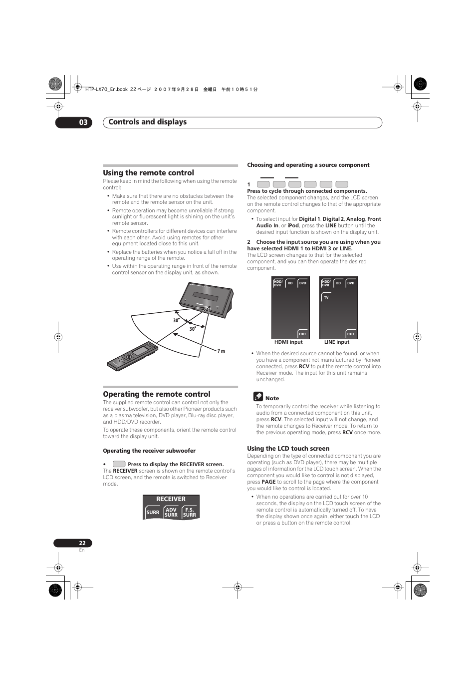 Using the remote control, Operating the remote control, Using the lcd touch screen | Controls and displays 03 | Pioneer AS-LX70 User Manual | Page 22 / 94