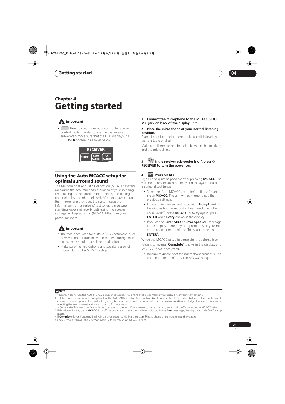 Getting started, Getting started 04, Chapter 4 | Pioneer AS-LX70 User Manual | Page 23 / 94