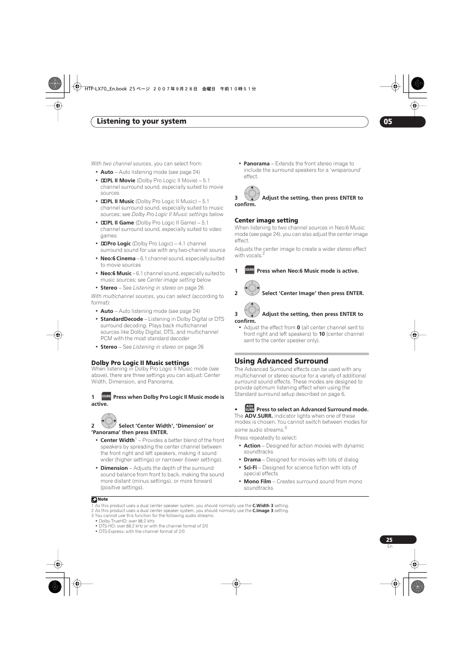 Dolby pro logic ii music settings, Center image setting, Using advanced surround | Listening to your system 05 | Pioneer AS-LX70 User Manual | Page 25 / 94