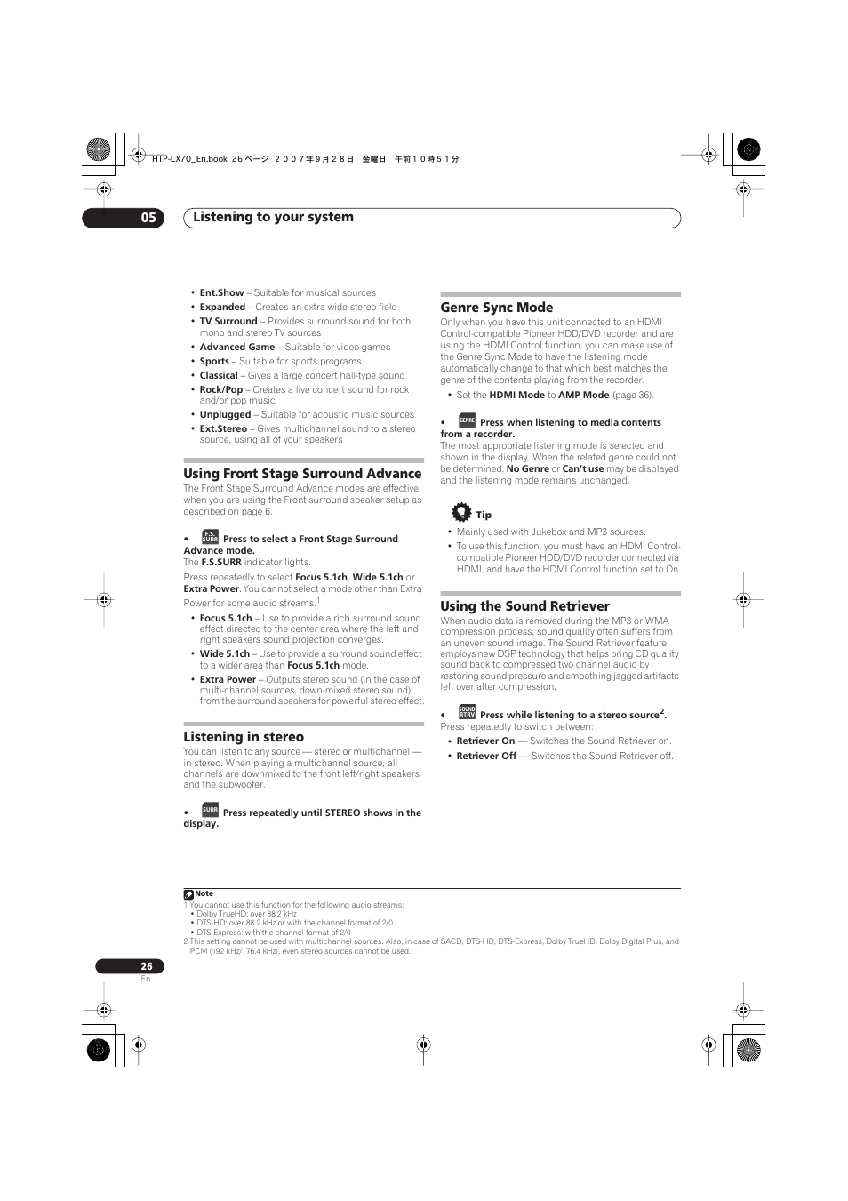 Using front stage surround advance, Listening in stereo, Genre sync mode | Using the sound retriever, Listening to your system 05 | Pioneer AS-LX70 User Manual | Page 26 / 94