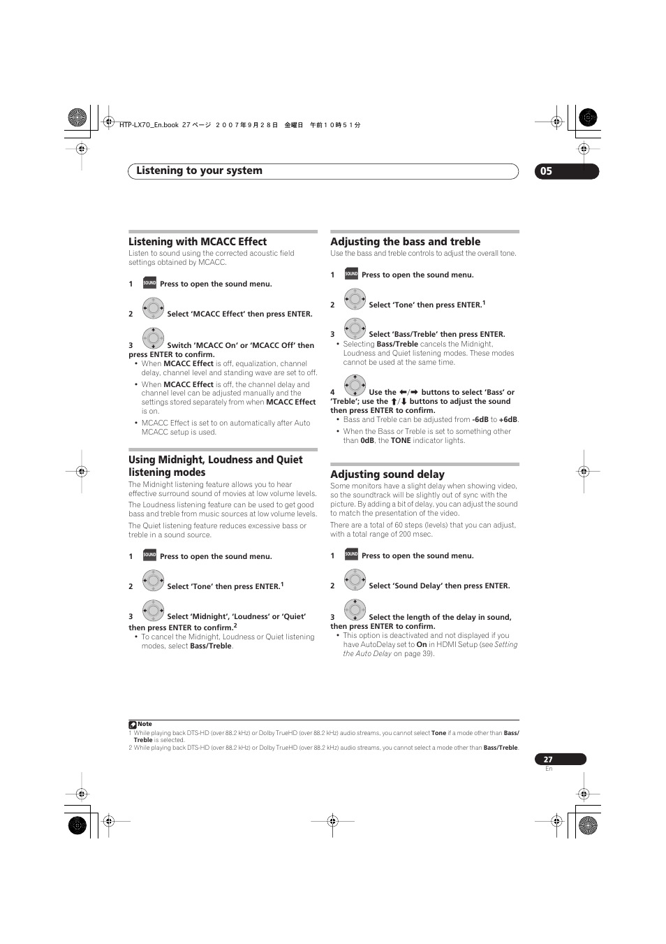 Listening with mcacc effect, Using midnight, loudness and quiet listening modes, Adjusting the bass and treble | Adjusting sound delay, Listening to your system 05 | Pioneer AS-LX70 User Manual | Page 27 / 94
