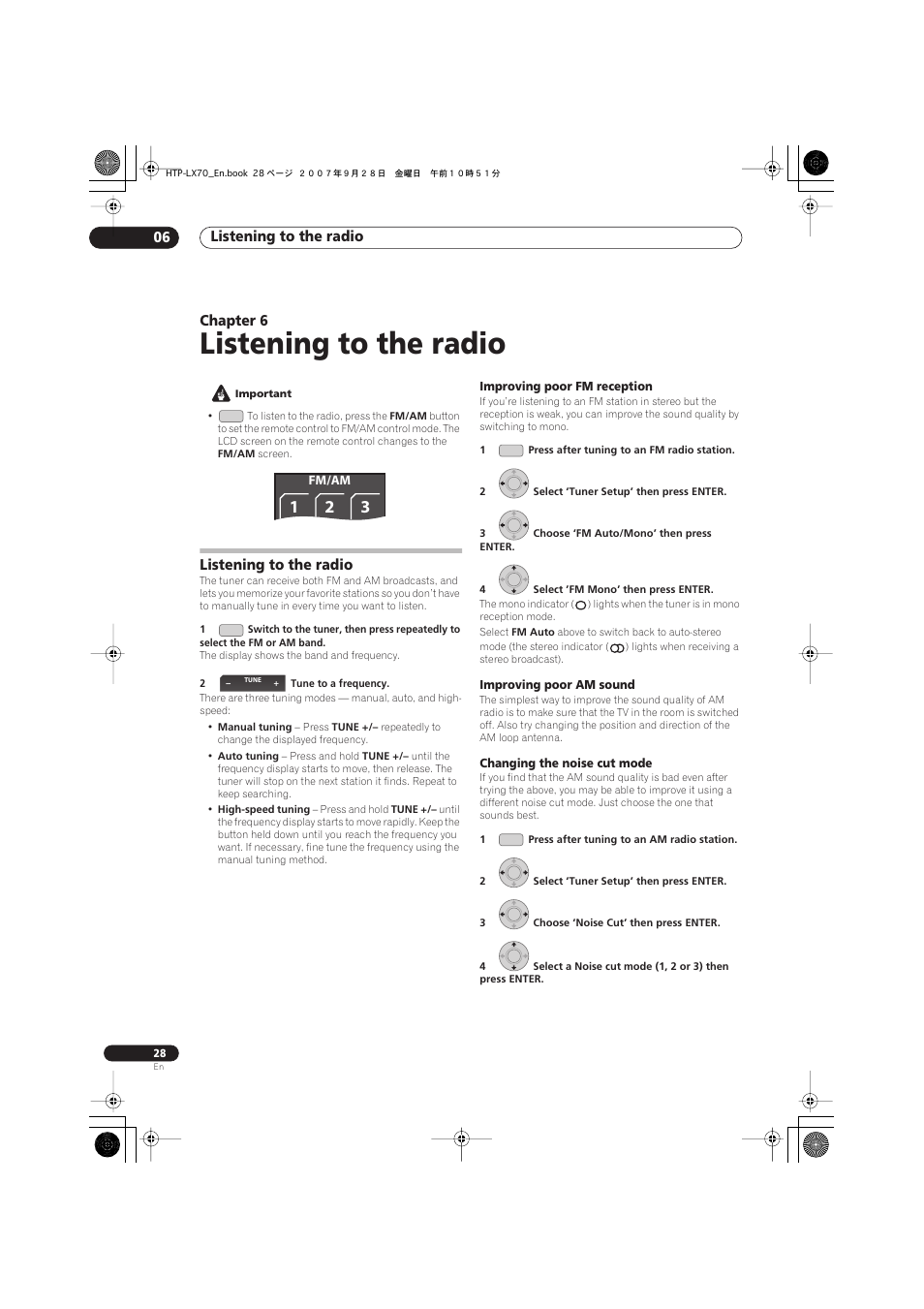 Listening to the radio, Improving poor fm reception, Improving poor am sound | Changing the noise cut mode, Listening to the radio 06, Chapter 6 | Pioneer AS-LX70 User Manual | Page 28 / 94