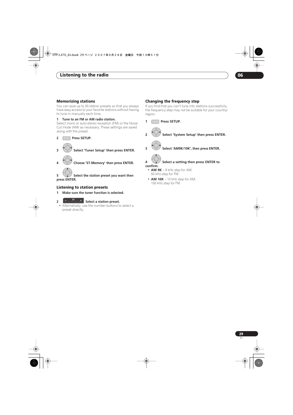 Memorizing stations, Listening to station presets, Changing the frequency step | Listening to the radio 06 | Pioneer AS-LX70 User Manual | Page 29 / 94
