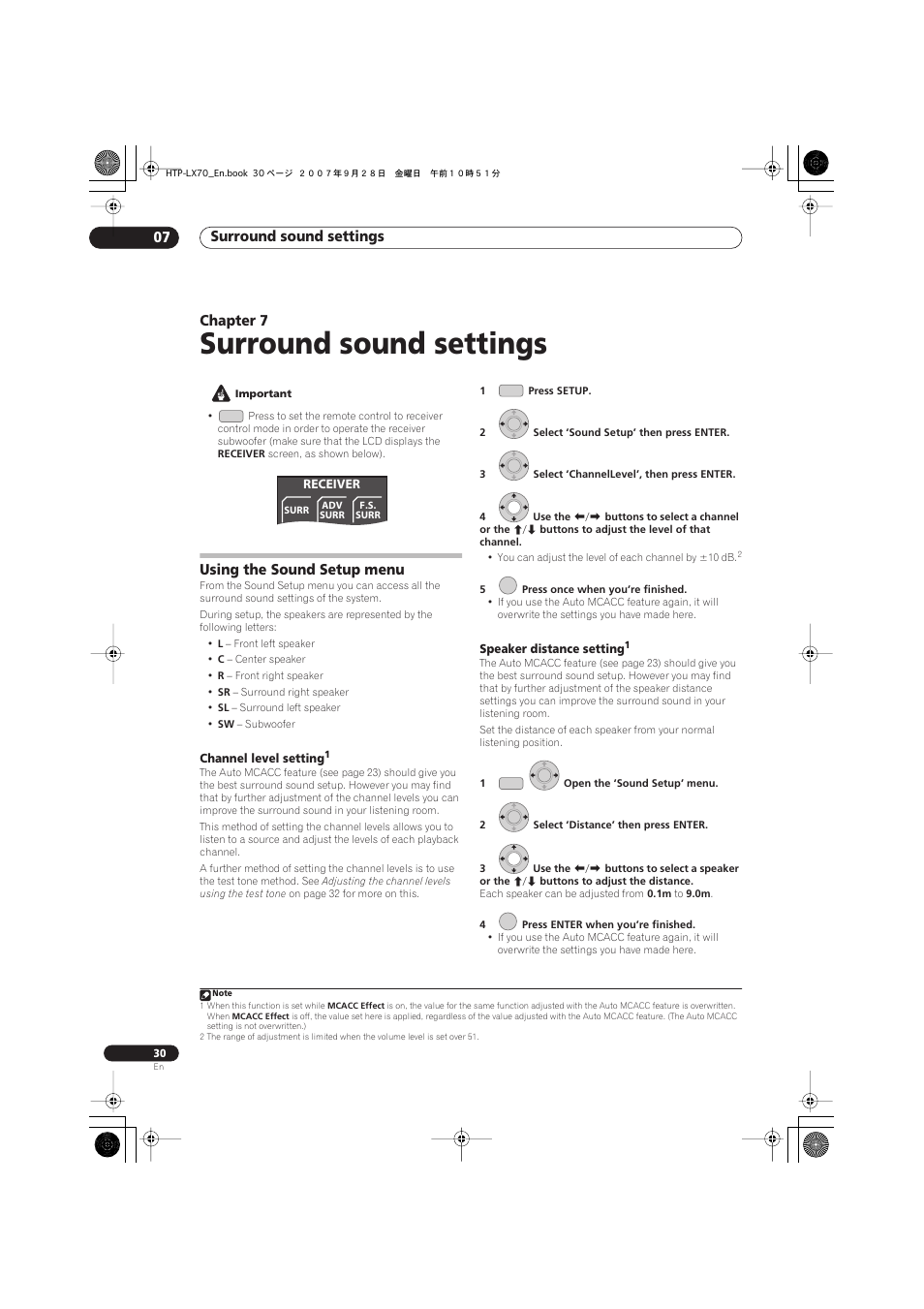 Using the sound setup menu, Channel level setting, Speaker distance setting1 | Surround sound settings, Surround sound settings 07, Chapter 7 | Pioneer AS-LX70 User Manual | Page 30 / 94