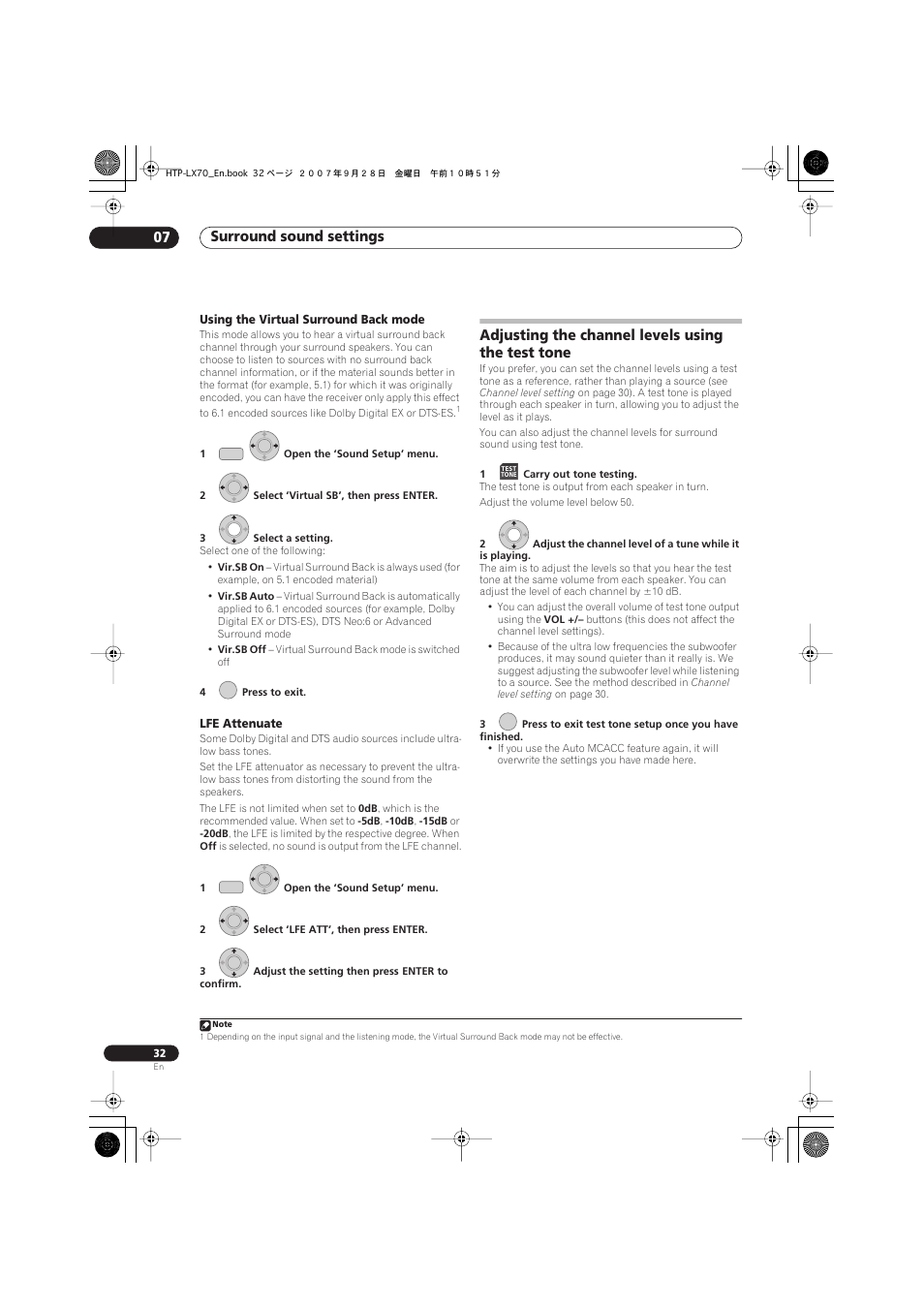 Using the virtual surround back mode, Lfe attenuate, Adjusting the channel levels using the test tone | Surround sound settings 07 | Pioneer AS-LX70 User Manual | Page 32 / 94