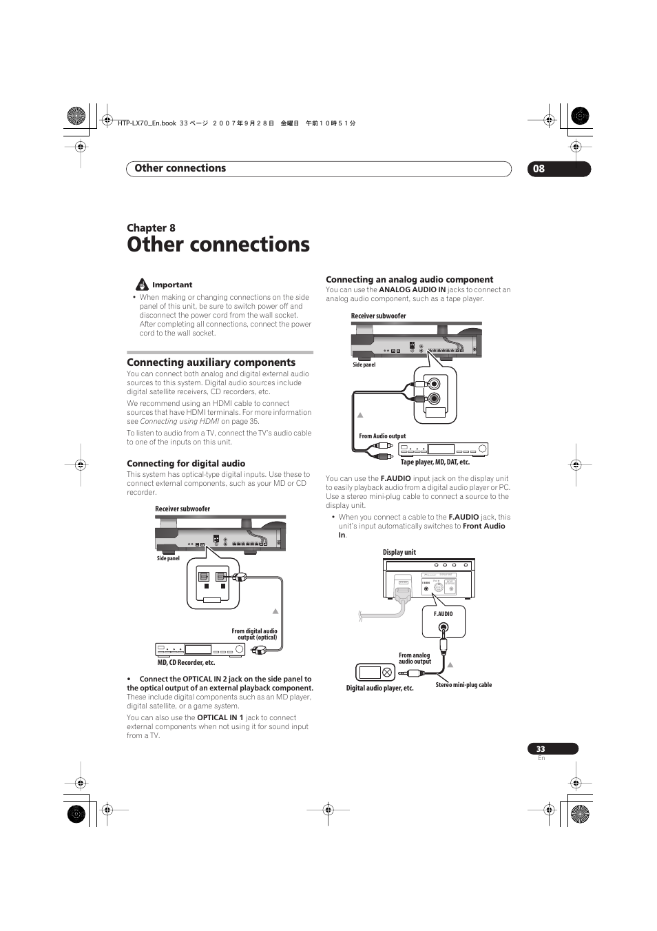 Connecting auxiliary components, Connecting for digital audio, Connecting an analog audio component | Other connections, Other connections 08, Chapter 8 | Pioneer AS-LX70 User Manual | Page 33 / 94