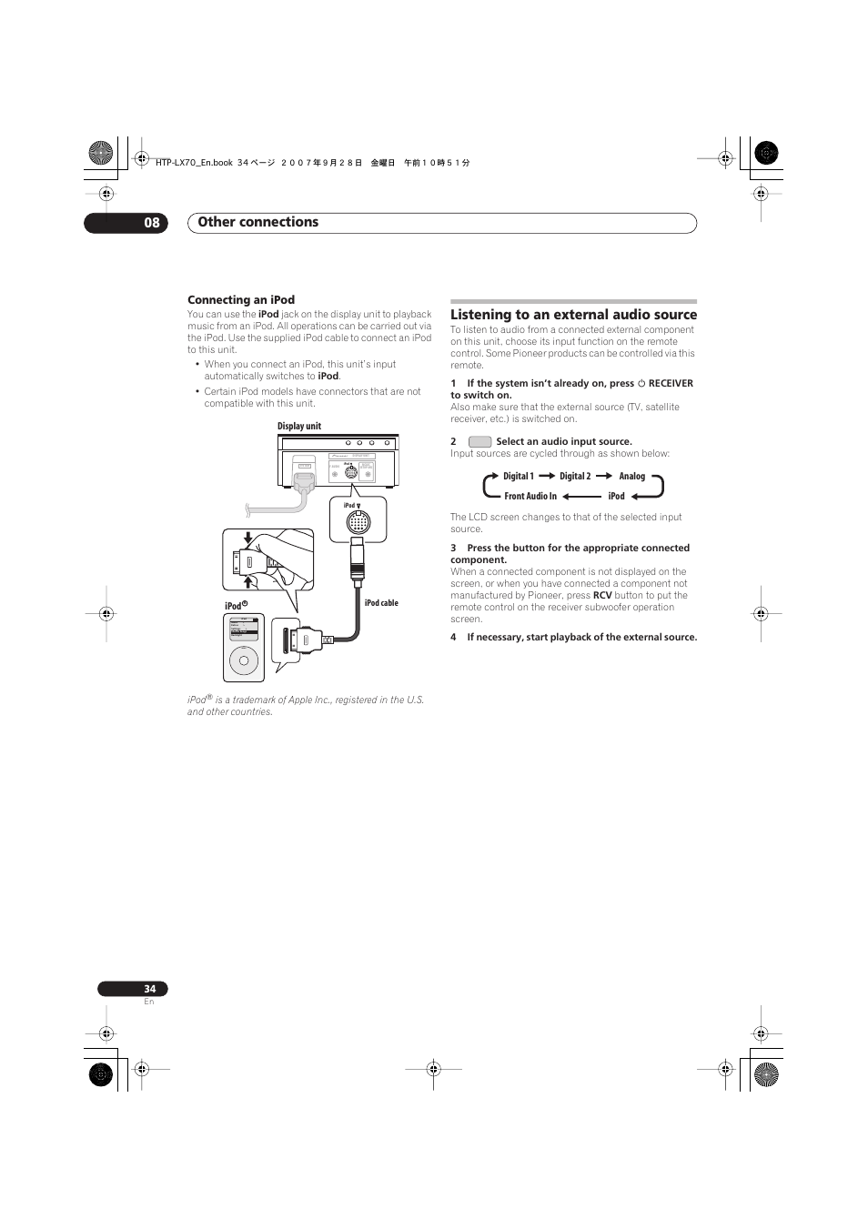 Connecting an ipod, Listening to an external audio source, Other connections 08 | Menu | Pioneer AS-LX70 User Manual | Page 34 / 94