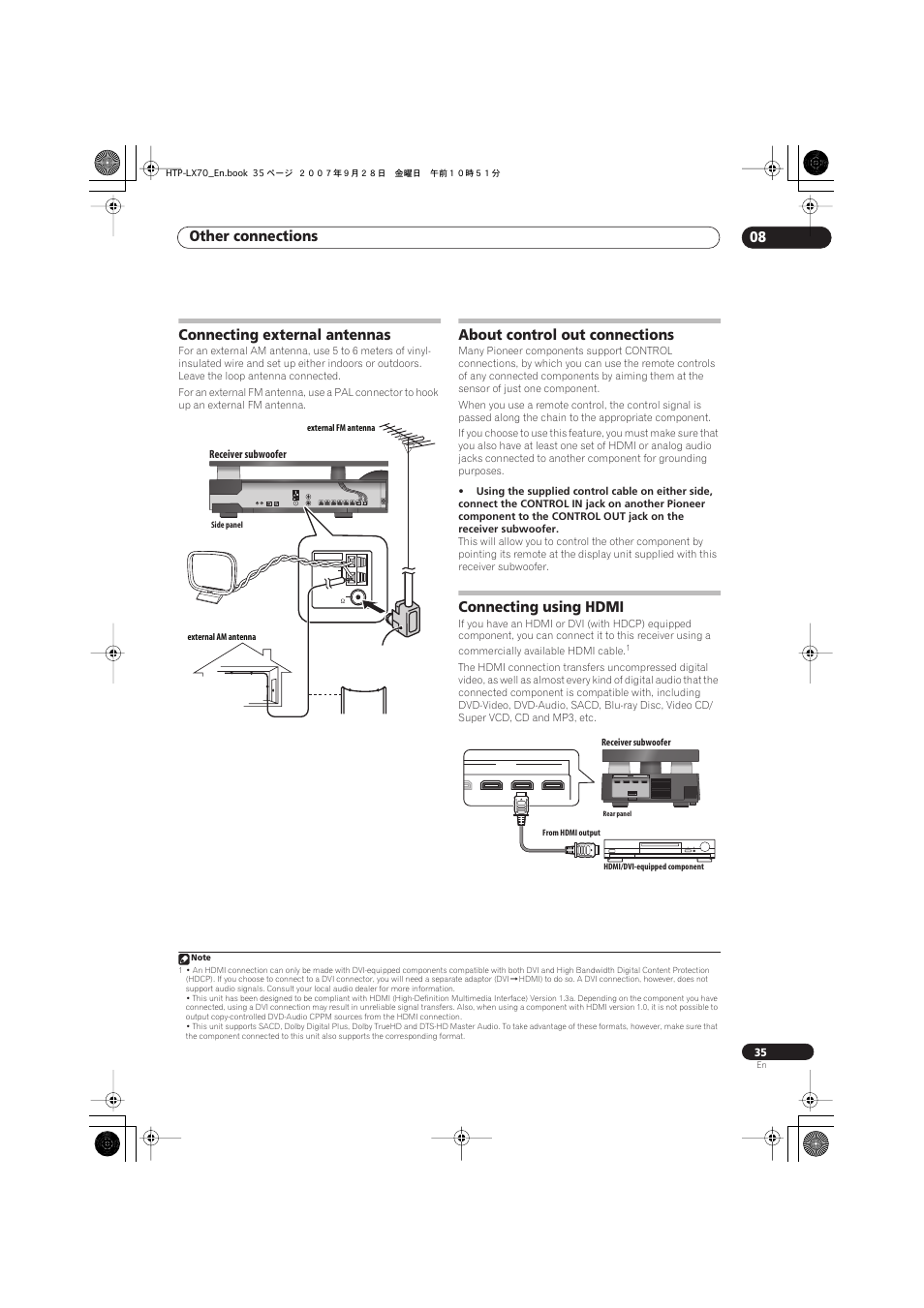 Connecting external antennas, About control out connections, Connecting using hdmi | Other connections 08, Hdmi out in 3 system in 2 in 1 | Pioneer AS-LX70 User Manual | Page 35 / 94