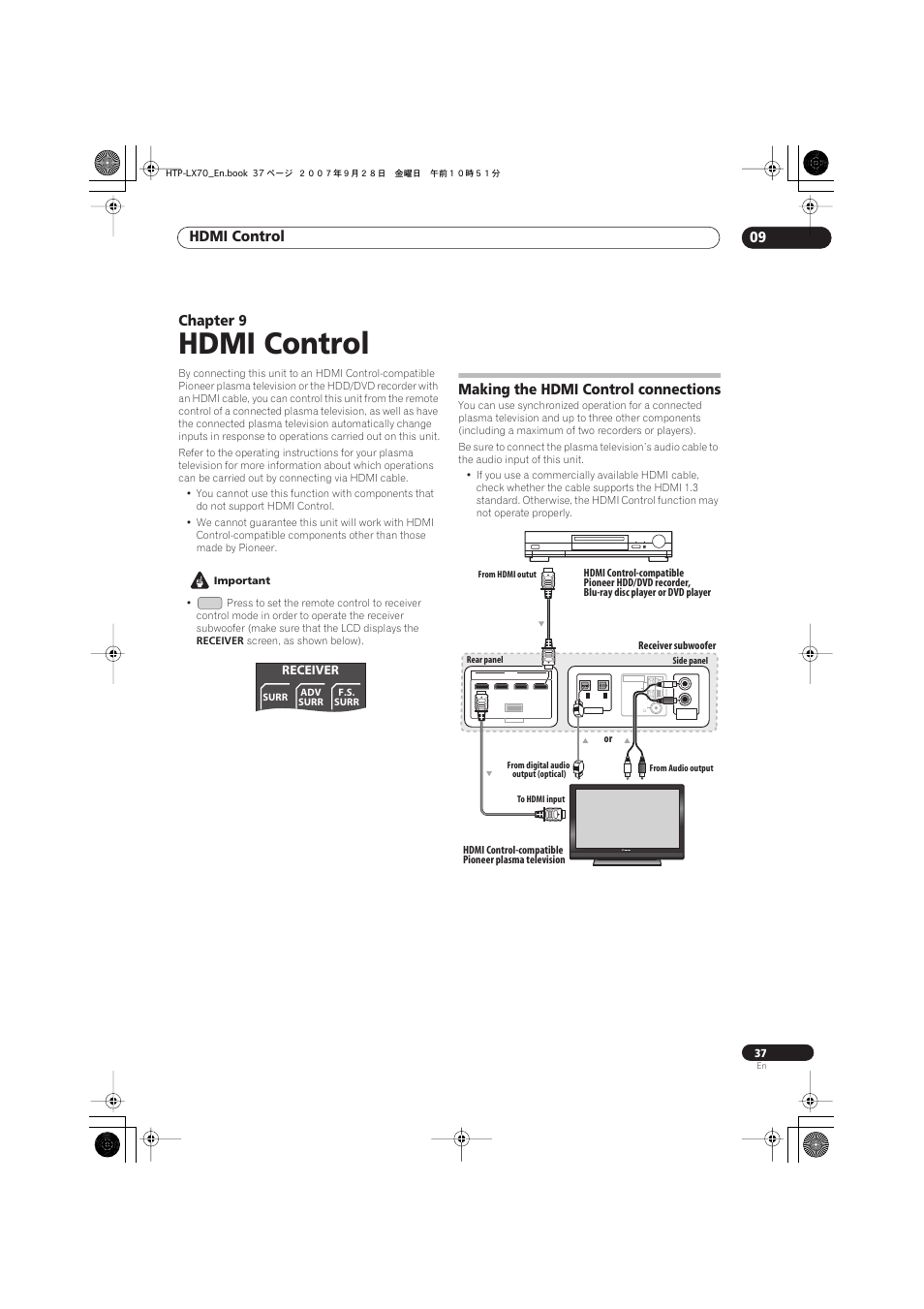 09 hdmi control, Making the hdmi control connections, Hdmi control | Hdmi control 09, Chapter 9 | Pioneer AS-LX70 User Manual | Page 37 / 94