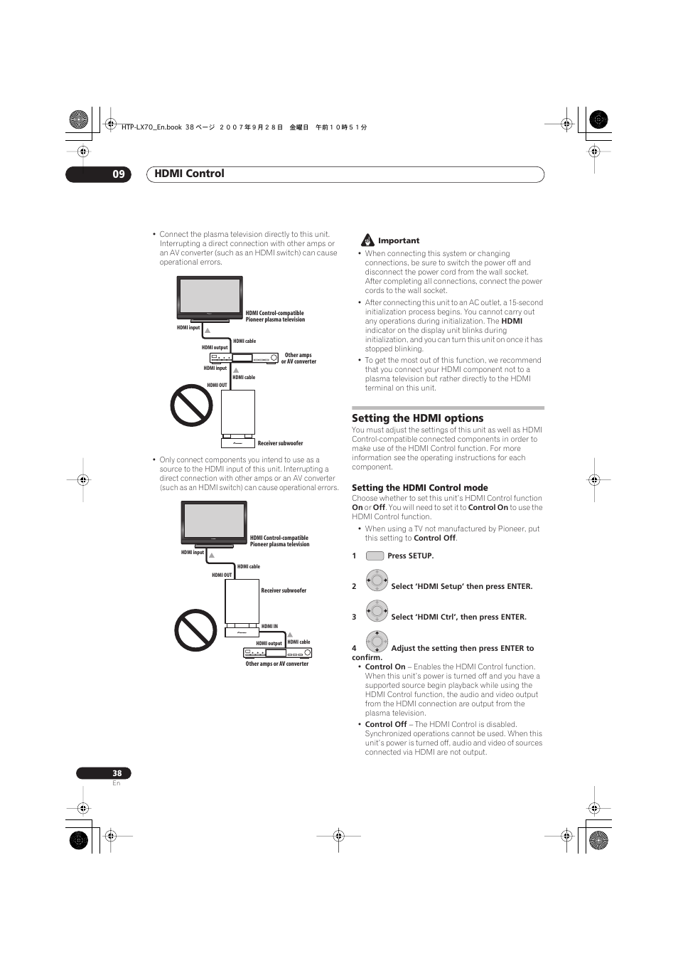 Setting the hdmi options, Setting the hdmi control mode, Hdmi control 09 | Pioneer AS-LX70 User Manual | Page 38 / 94