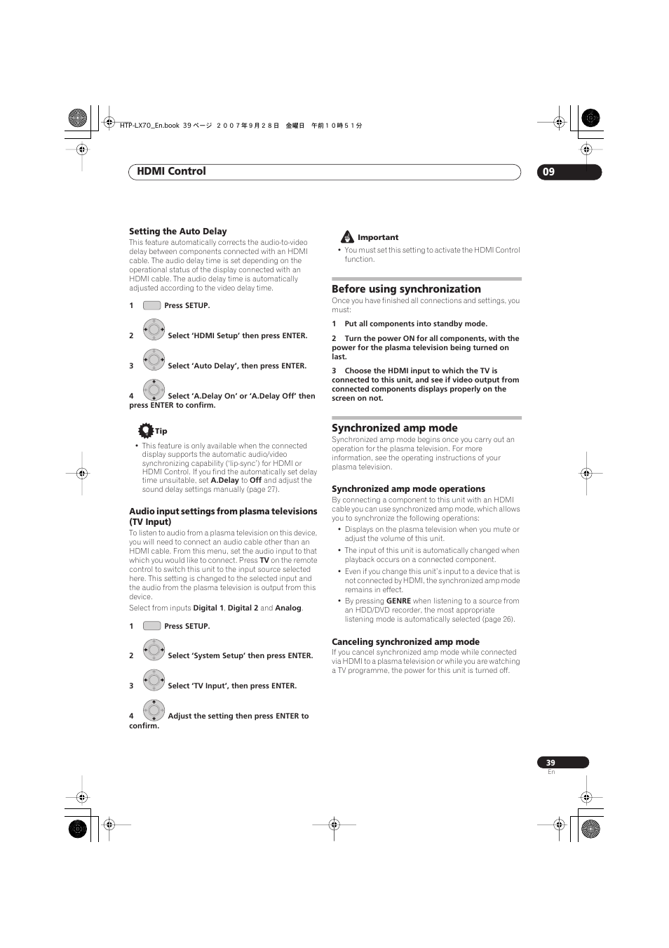 Setting the auto delay, Before using synchronization, Synchronized amp mode | Synchronized amp mode operations, Canceling synchronized amp mode, Hdmi control 09 | Pioneer AS-LX70 User Manual | Page 39 / 94
