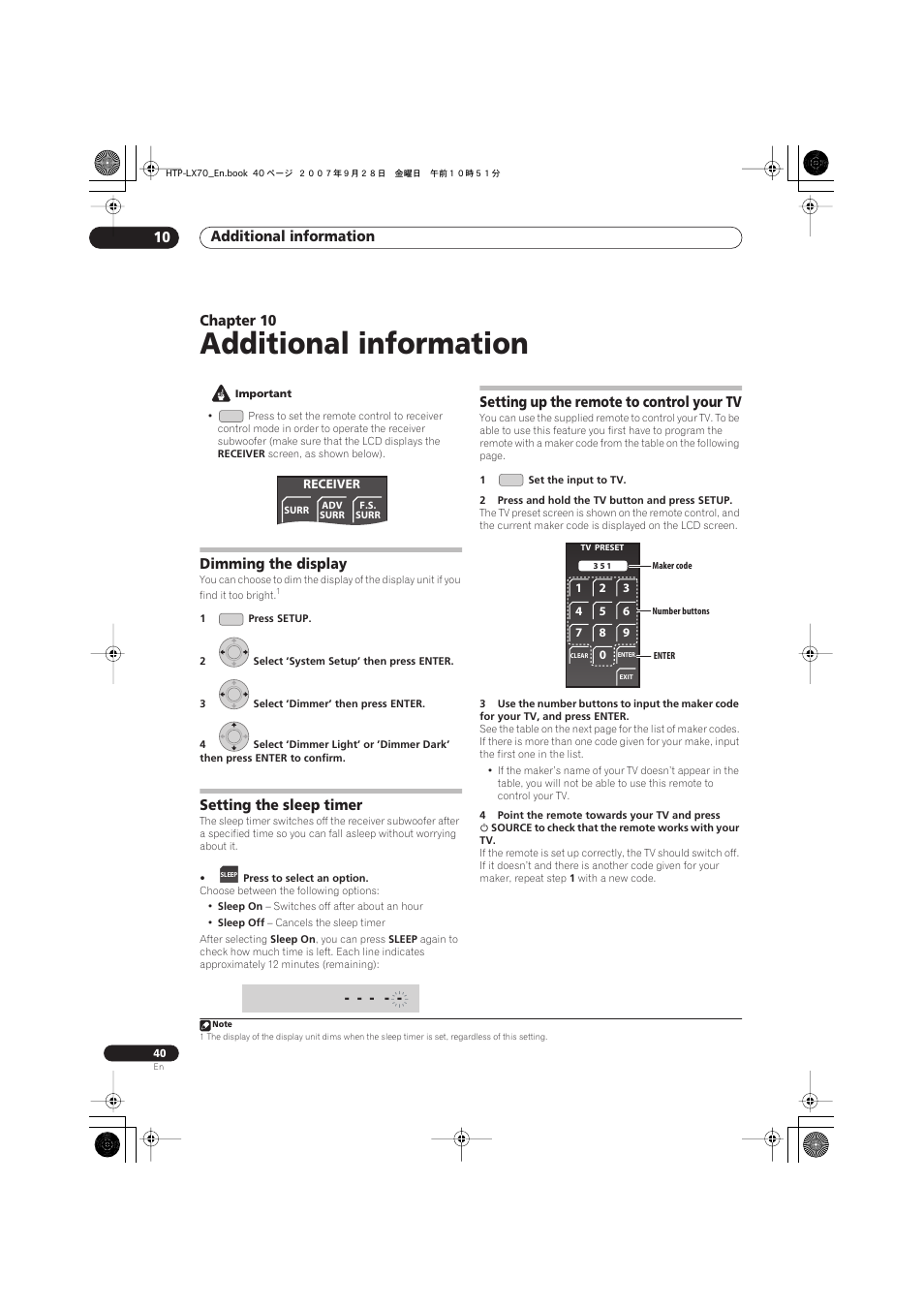 10 additional information, Dimming the display, Setting the sleep timer | Setting up the remote to control your tv, Additional information, Additional information 10, Chapter 10 | Pioneer AS-LX70 User Manual | Page 40 / 94