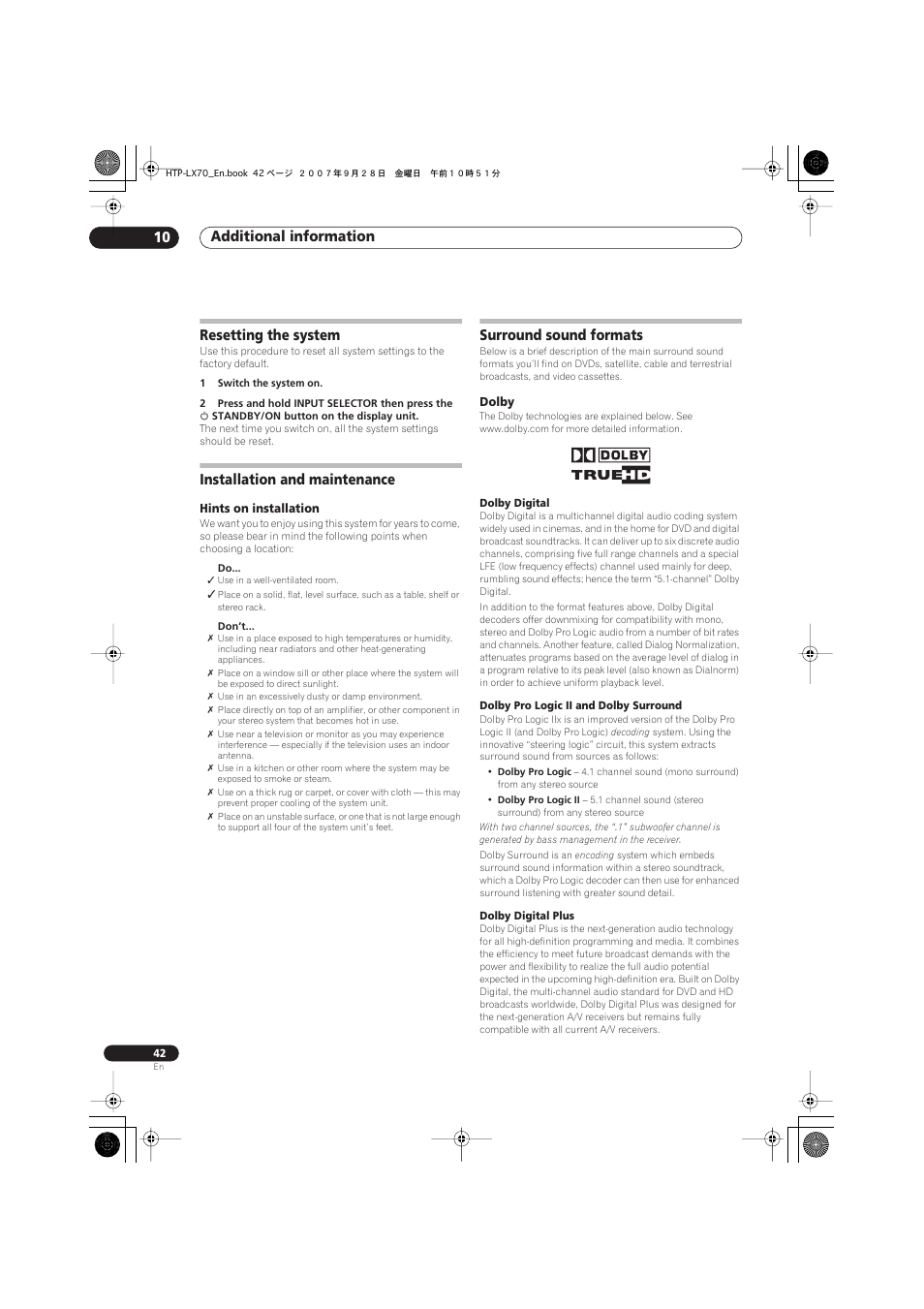 Resetting the system, Installation and maintenance, Hints on installation | Surround sound formats, Dolby, Additional information 10 | Pioneer AS-LX70 User Manual | Page 42 / 94