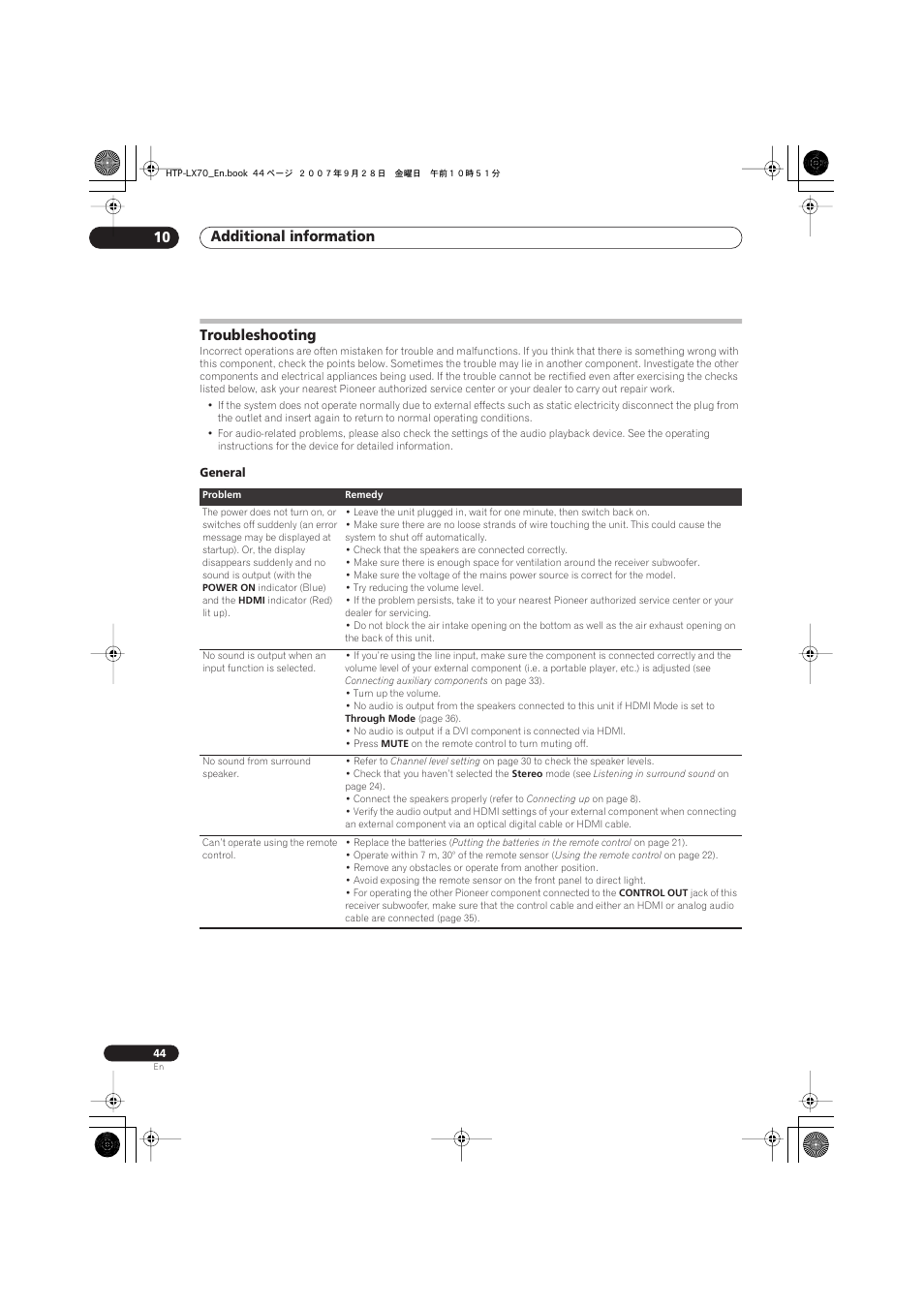 Troubleshooting, General, Additional information 10 | Pioneer AS-LX70 User Manual | Page 44 / 94
