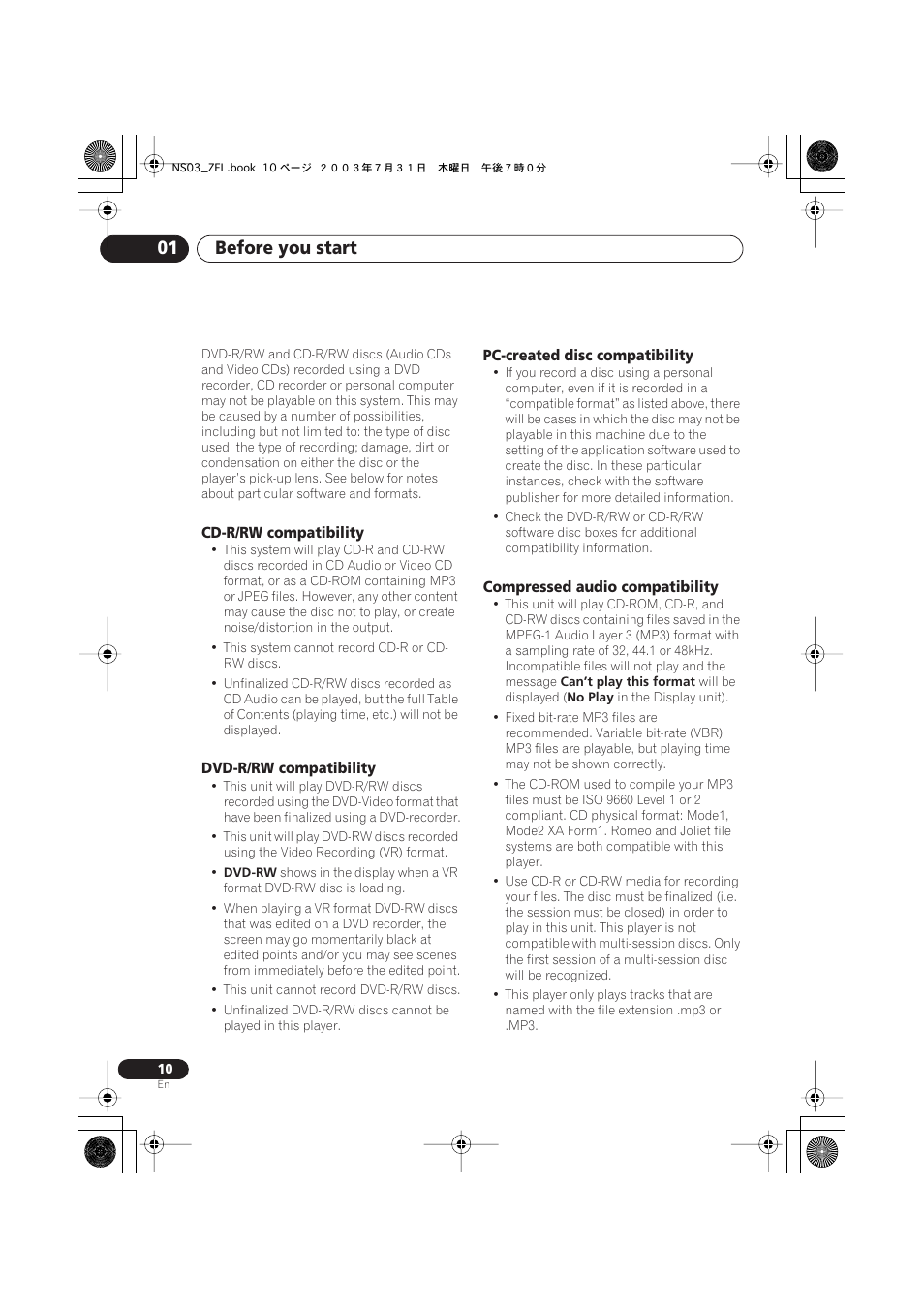 Cd-r/rw compatibility, Dvd-r/rw compatibility, Pc-created disc compatibility | Compressed audio compatibility, Before you start 01 | Pioneer S-DV900ST User Manual | Page 10 / 192