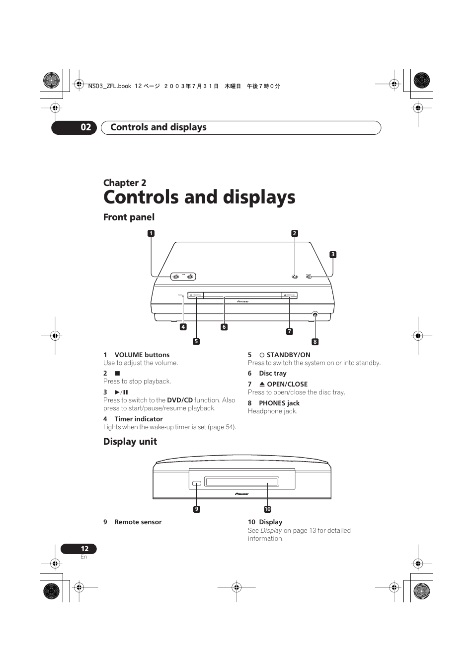 02 controls and displays, Front panel, Display unit | Controls and displays, Controls and displays 02, Chapter 2 | Pioneer S-DV900ST User Manual | Page 12 / 192