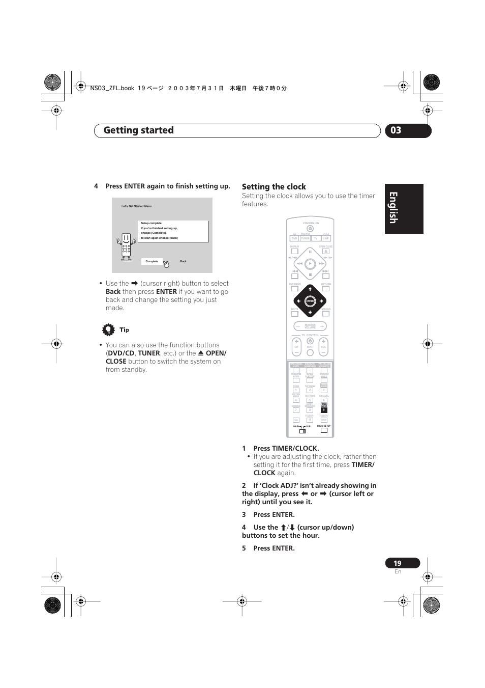 Setting the clock, English italiano français, Nederlands | Español deutsch, Getting started 03 | Pioneer S-DV900ST User Manual | Page 19 / 192