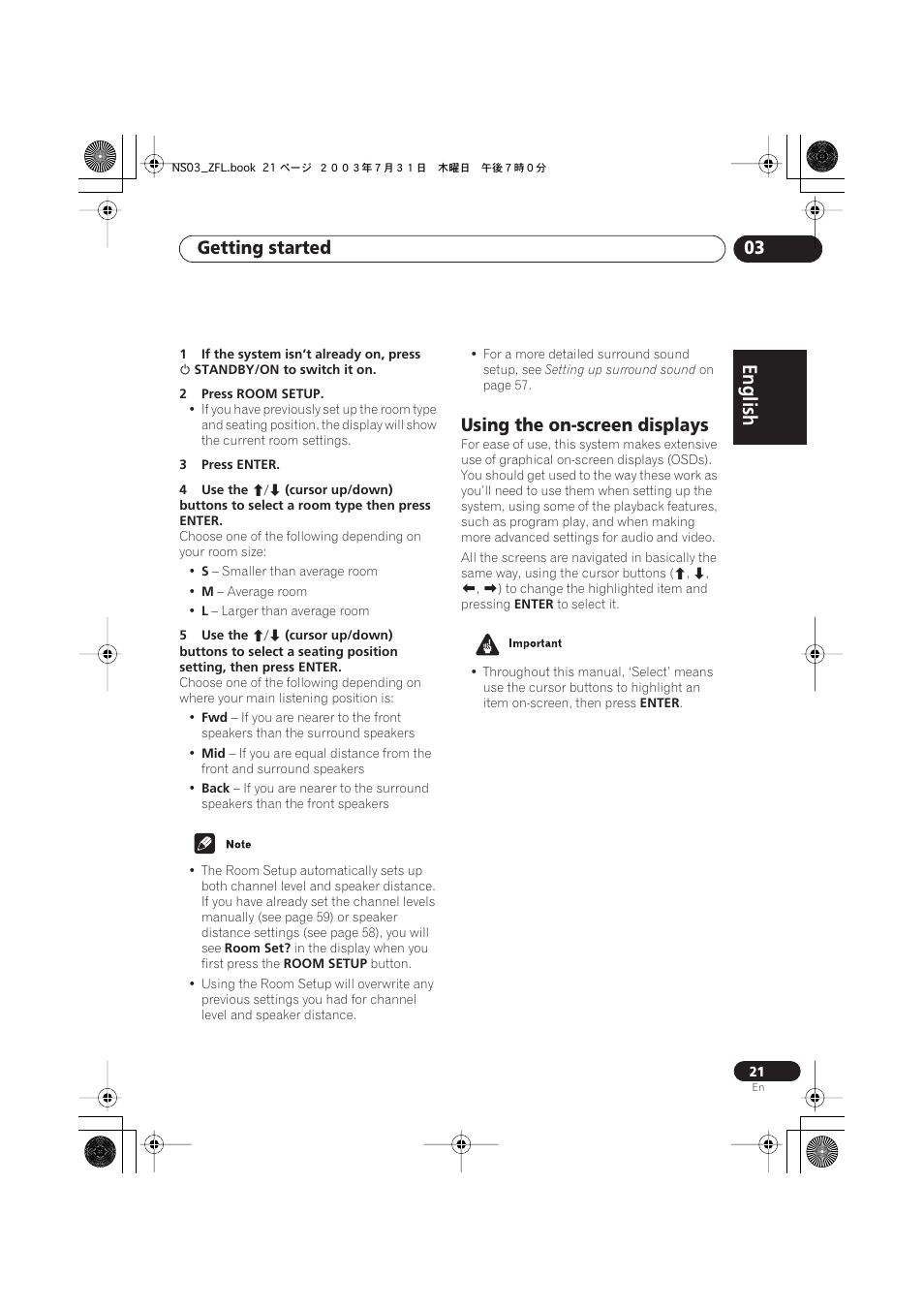 Using the on-screen displays, English italiano français, Nederlands | Español deutsch, Getting started 03 | Pioneer S-DV900ST User Manual | Page 21 / 192