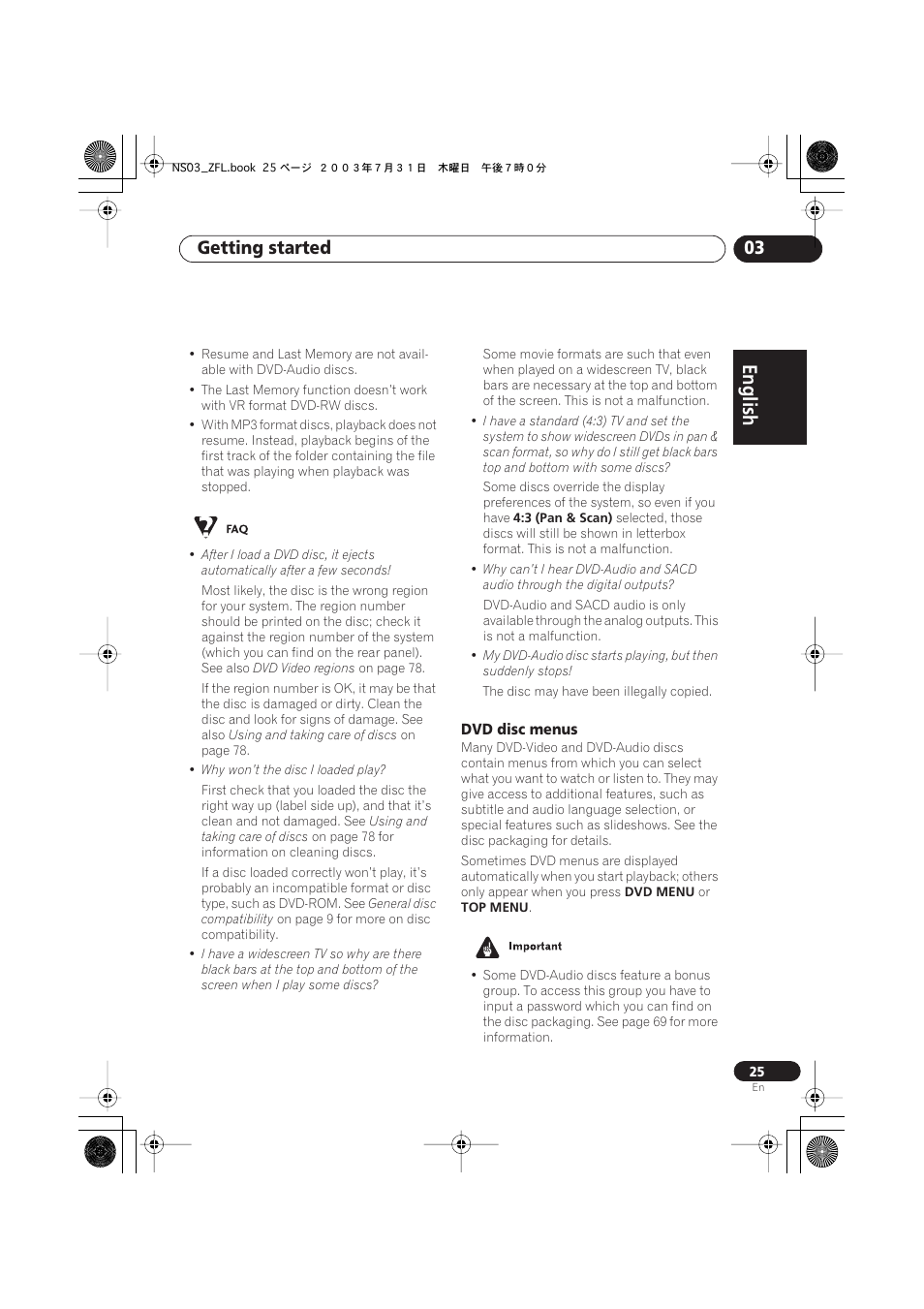 Dvd disc menus, English italiano français, Nederlands | Español deutsch, Getting started 03 | Pioneer S-DV900ST User Manual | Page 25 / 192