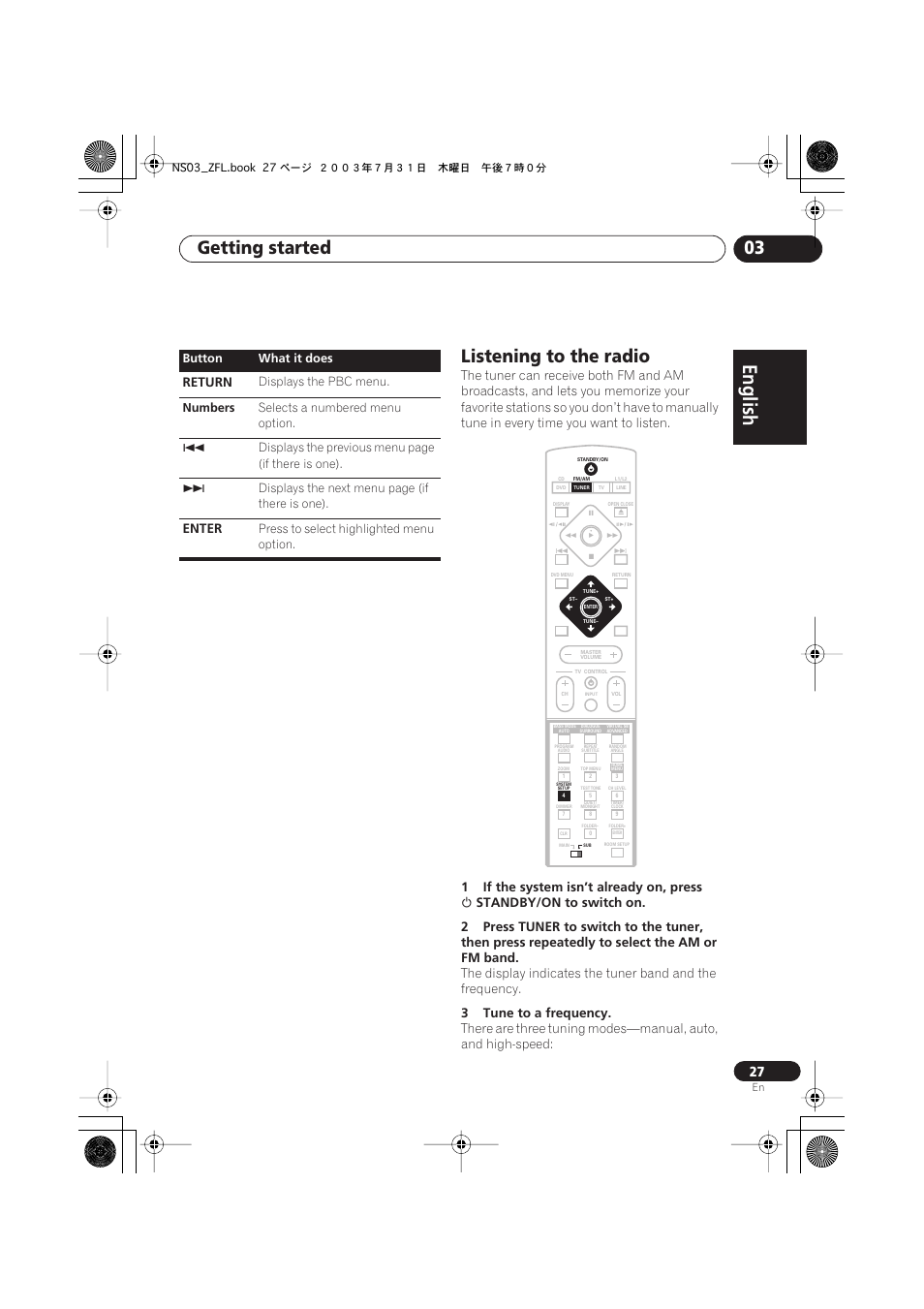 Listening to the radio, English italiano français, Nederlands | Español deutsch, Getting started 03, 1if the system isn’t already on, press, 3tune to a frequency, Return, Enter | Pioneer S-DV900ST User Manual | Page 27 / 192