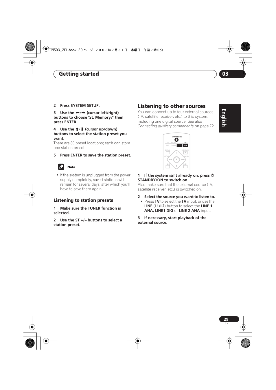 Listening to station presets, Listening to other sources, English italiano français | Nederlands, Español deutsch, Getting started 03 | Pioneer S-DV900ST User Manual | Page 29 / 192