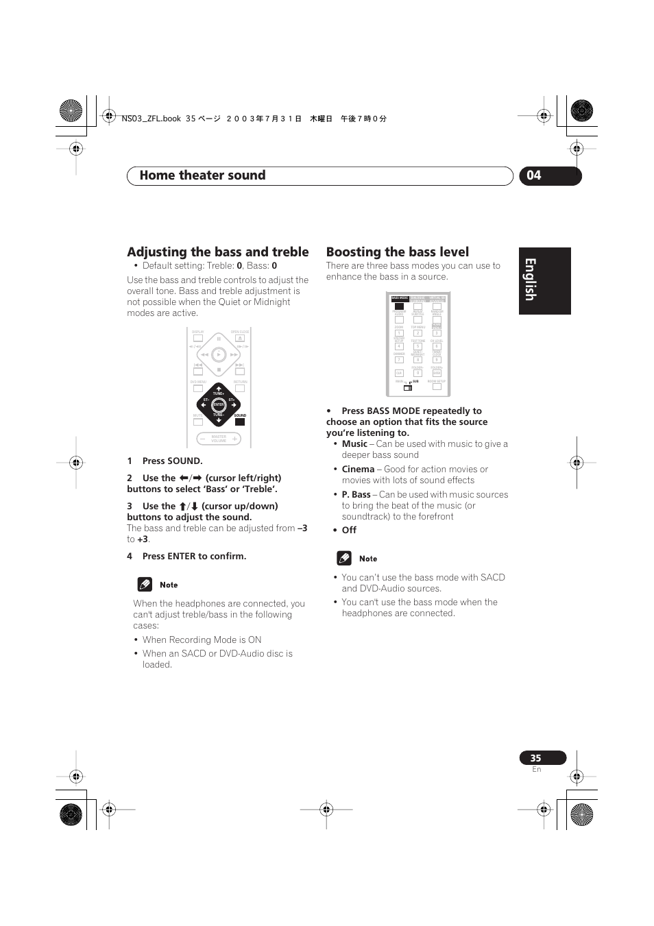 Adjusting the bass and treble, Boosting the bass level, English italiano français | Nederlands, Español deutsch, Home theater sound 04 | Pioneer S-DV900ST User Manual | Page 35 / 192