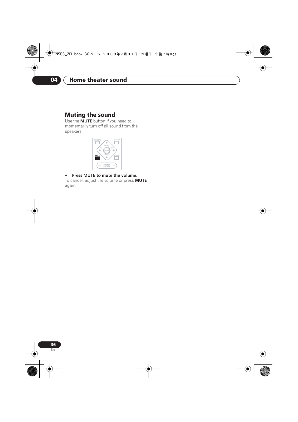 Muting the sound, Home theater sound 04 | Pioneer S-DV900ST User Manual | Page 36 / 192