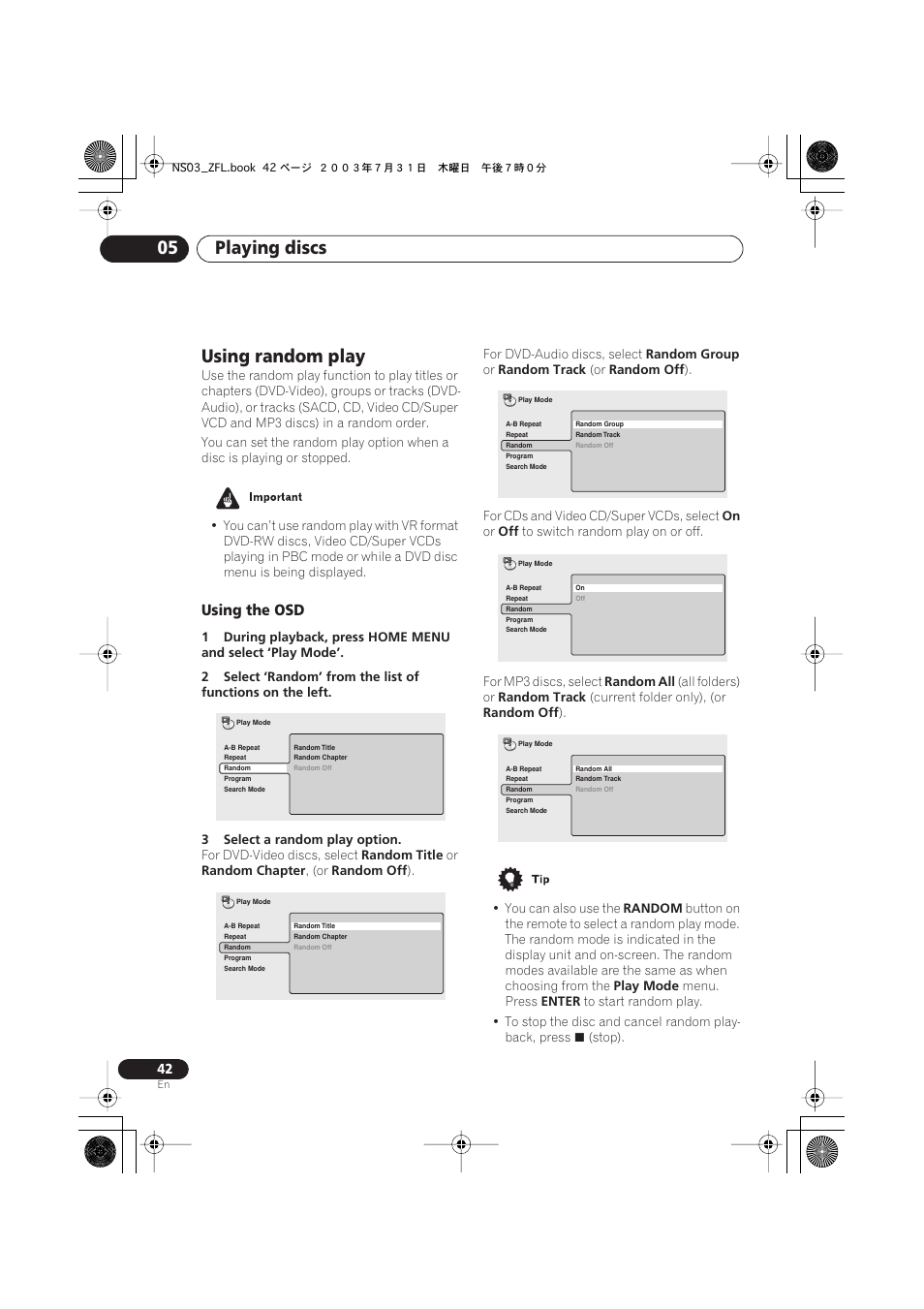 Using random play, Using the osd, Playing discs 05 | Pioneer S-DV900ST User Manual | Page 42 / 192